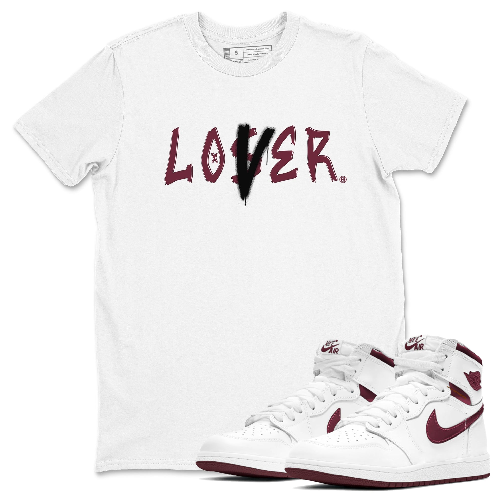 1s Metallic Burgundy shirts to match jordans Loser Lover sneaker match tees Jordan 1 Retro High '85 OG Metallic Burgundy SNRT Sneaker Tees streetwear brand White 1 unisex cotton tee