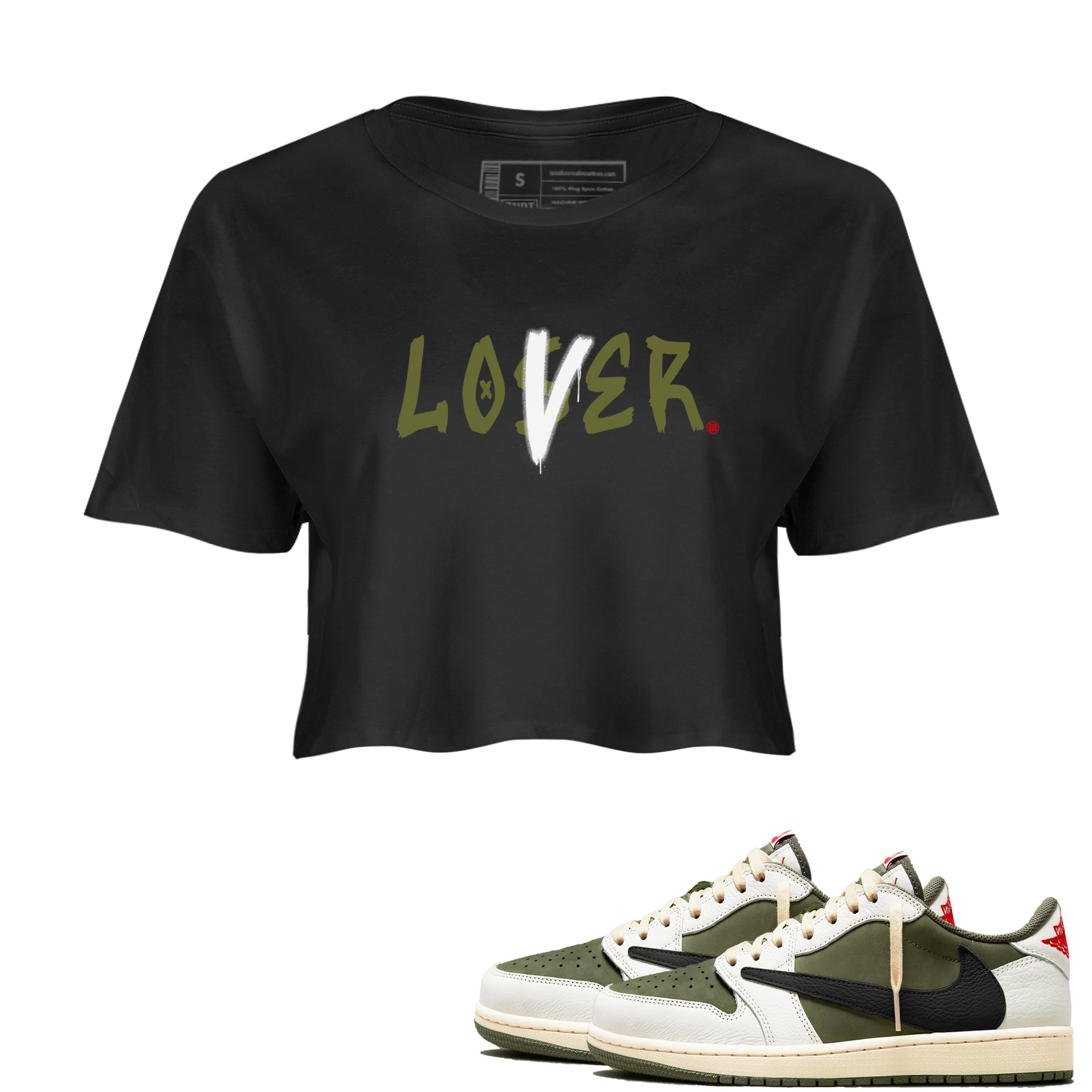 1s Travis Scott Medium Olive shirts to match jordans Loser Lover sneaker match tees Air Jordan 1 Travis Scott Medium Olive SNRT Sneaker Tees streetwear brand Black 1 crop tee