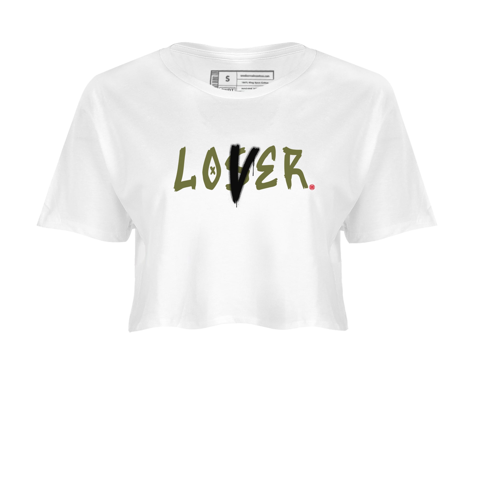 1s Travis Scott Medium Olive shirts to match jordans Loser Lover sneaker match tees Air Jordan 1 Travis Scott Medium Olive SNRT Sneaker Tees streetwear brand White 2 crop tee