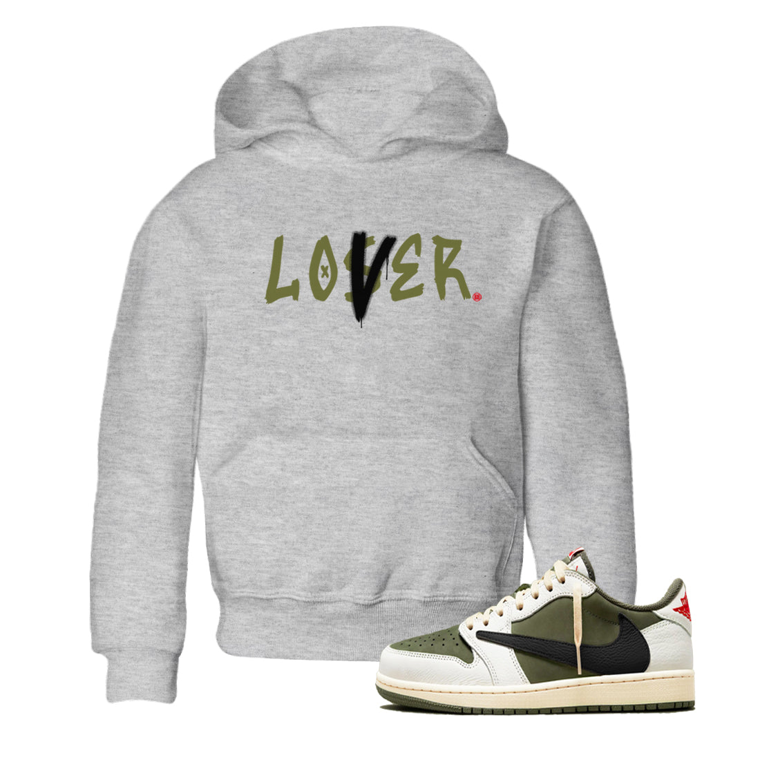 1s Travis Scott Medium Olive shirts to match jordans Loser Lover sneaker match tees Air Jordan 1 Travis Scott Medium Olive SNRT Sneaker Tees streetwear brand Baby and Youth Heather Grey 1 cotton tee