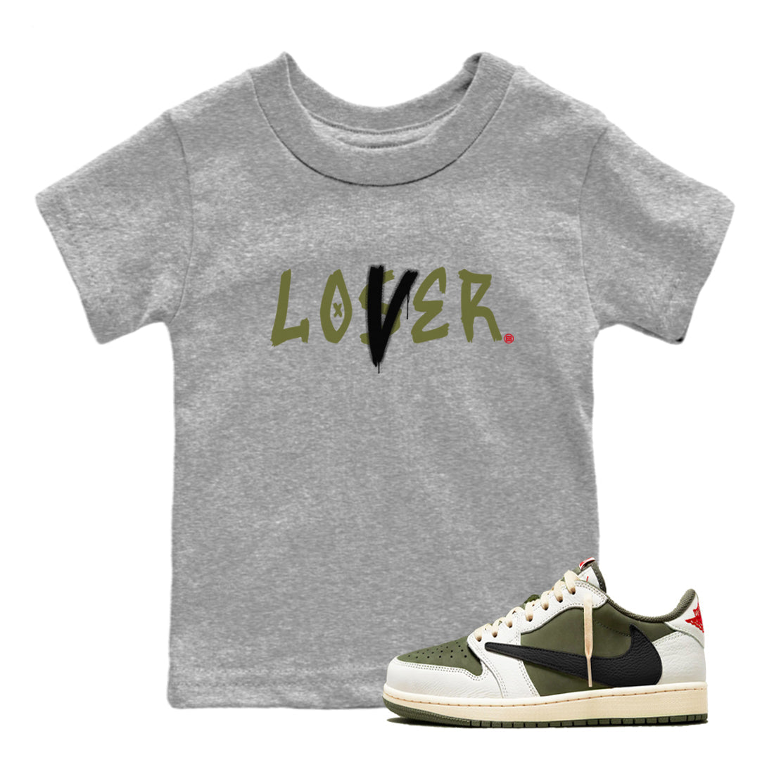1s Travis Scott Medium Olive shirts to match jordans Loser Lover sneaker match tees Air Jordan 1 Travis Scott Medium Olive SNRT Sneaker Tees streetwear brand Baby and Youth Heather Grey 1 cotton tee