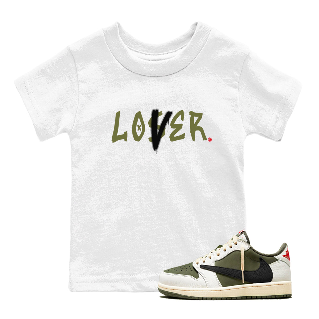 1s Travis Scott Medium Olive shirts to match jordans Loser Lover sneaker match tees Air Jordan 1 Travis Scott Medium Olive SNRT Sneaker Tees streetwear brand Baby and Youth White 1 cotton tee