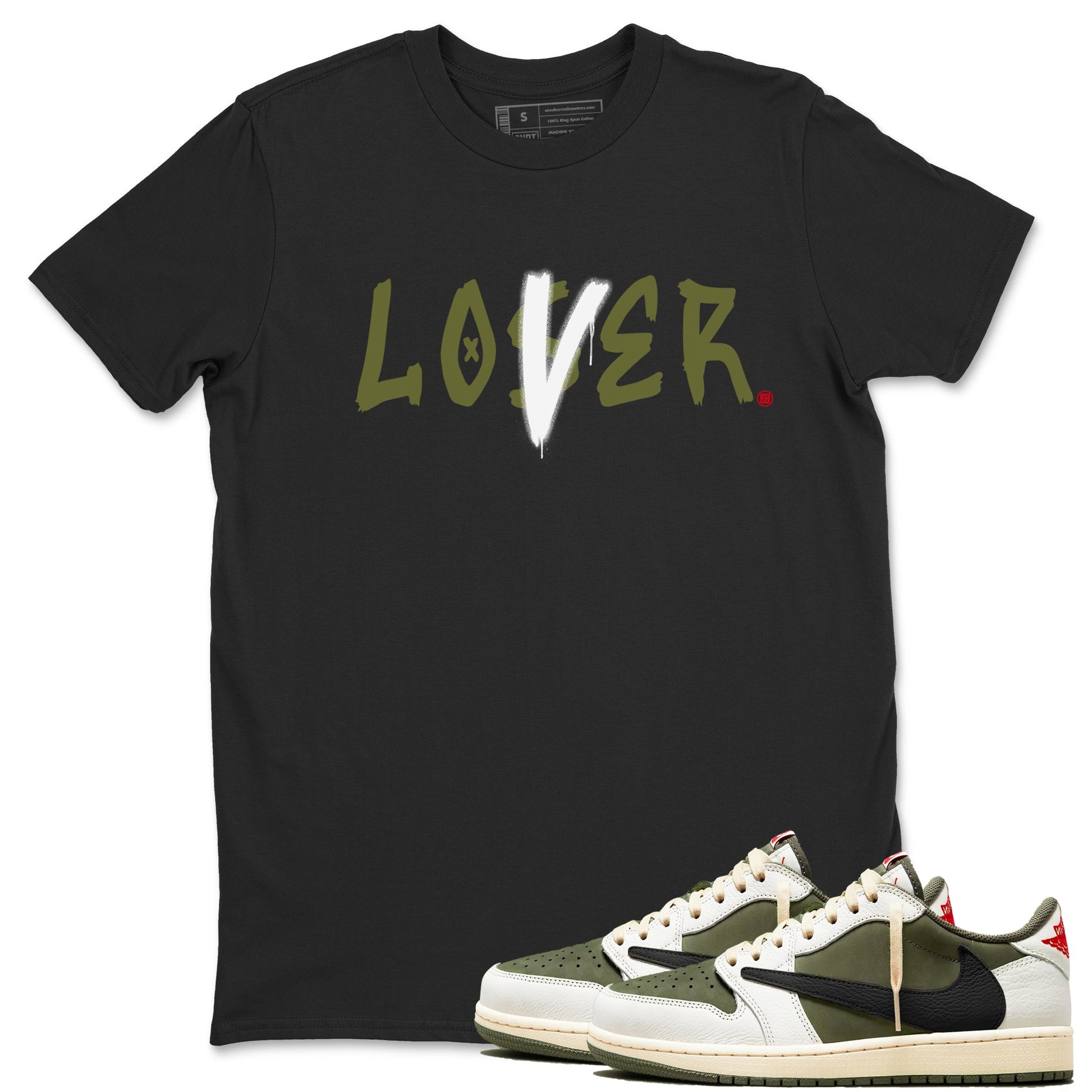 1s Travis Scott Medium Olive shirts to match jordans Loser Lover sneaker match tees Air Jordan 1 Travis Scott Medium Olive SNRT Sneaker Tees streetwear brand Black 1 unisex cotton tee