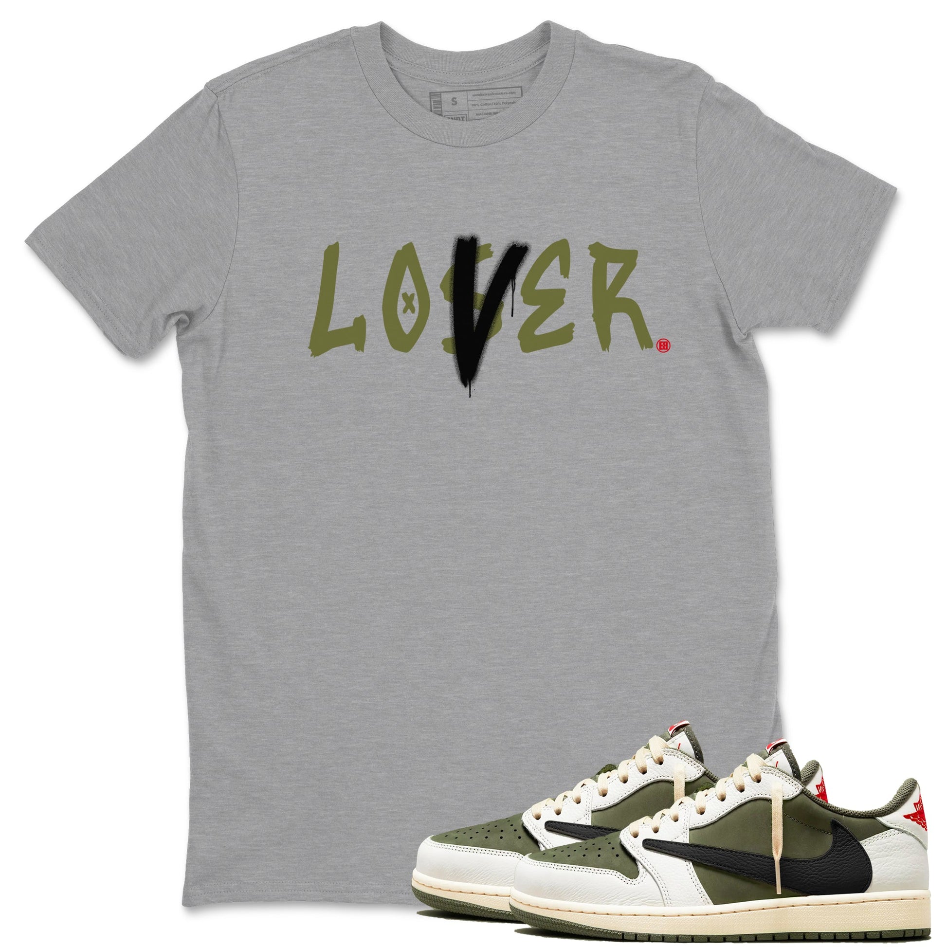 1s Travis Scott Medium Olive shirts to match jordans Loser Lover sneaker match tees Air Jordan 1 Travis Scott Medium Olive SNRT Sneaker Tees streetwear brand Heather Grey 1 unisex cotton tee