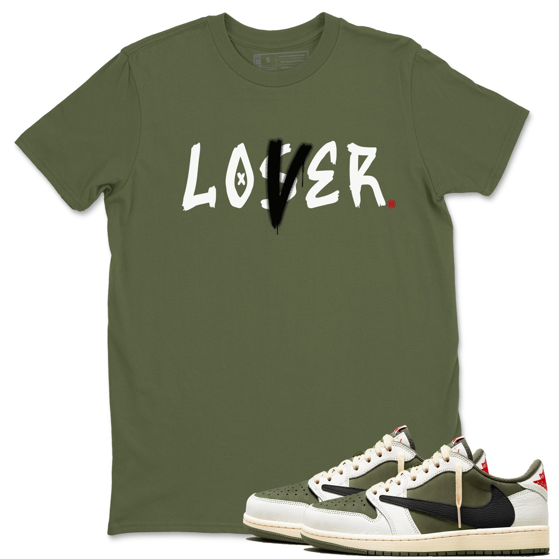 1s Travis Scott Medium Olive shirts to match jordans Loser Lover sneaker match tees Air Jordan 1 Travis Scott Medium Olive SNRT Sneaker Tees streetwear brand Military Green 1 unisex cotton tee