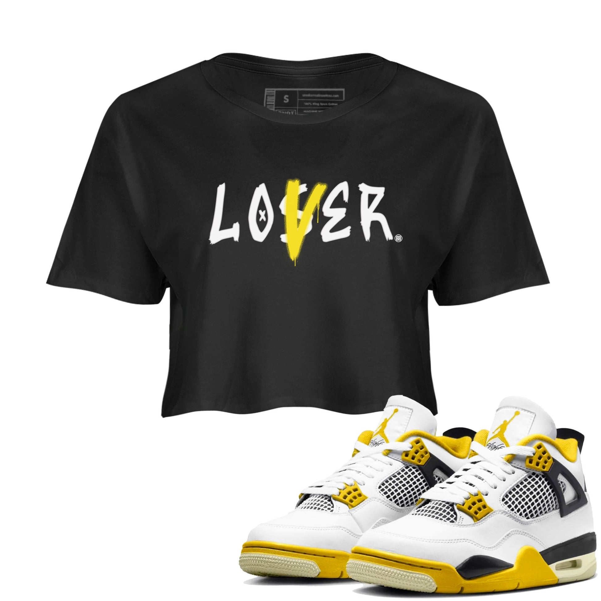 Air Jordan 4 Retro Vivid Sulfur shirt to match jordans Loser Lover sneaker tees 4s Vivid Sulfur SNRT Sneaker Release Tees Black 1 crop length shirt