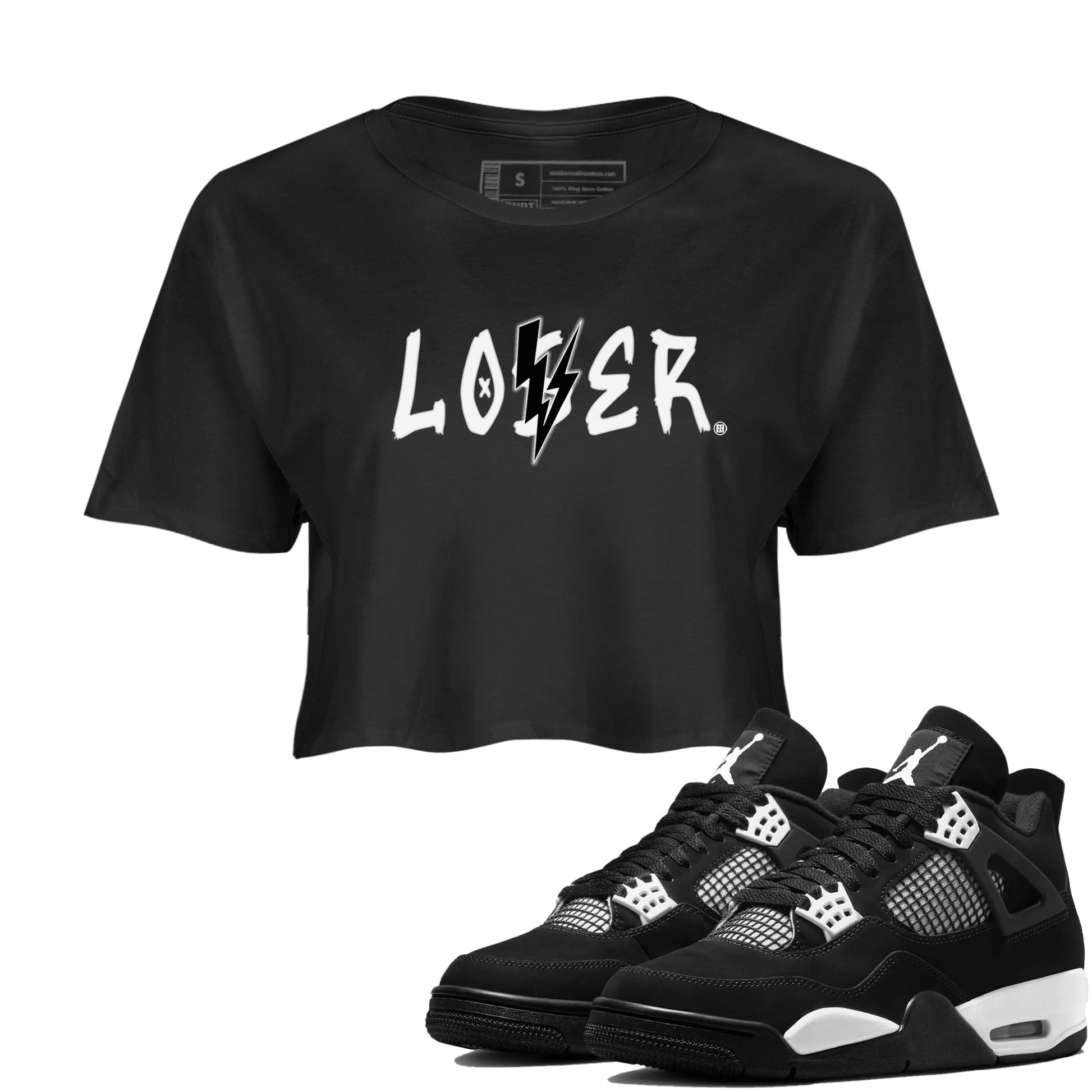 Air Jordan 4 White Thunder shirts to match jordans Loser Lover sneaker match tees Air Jordan 4 Retro White Thunder SNRT Sneaker Tees streetwear brand Black 1 crop tee