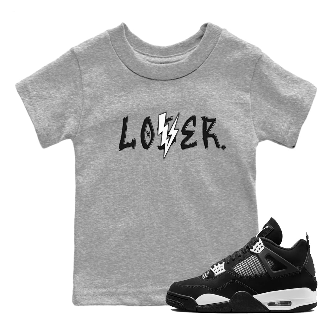 Air Jordan 4 White Thunder shirts to match jordans Loser Lover sneaker match tees Air Jordan 4 Retro White Thunder SNRT Sneaker Tees streetwear brand Baby and Youth Heather Grey 1 cotton tee