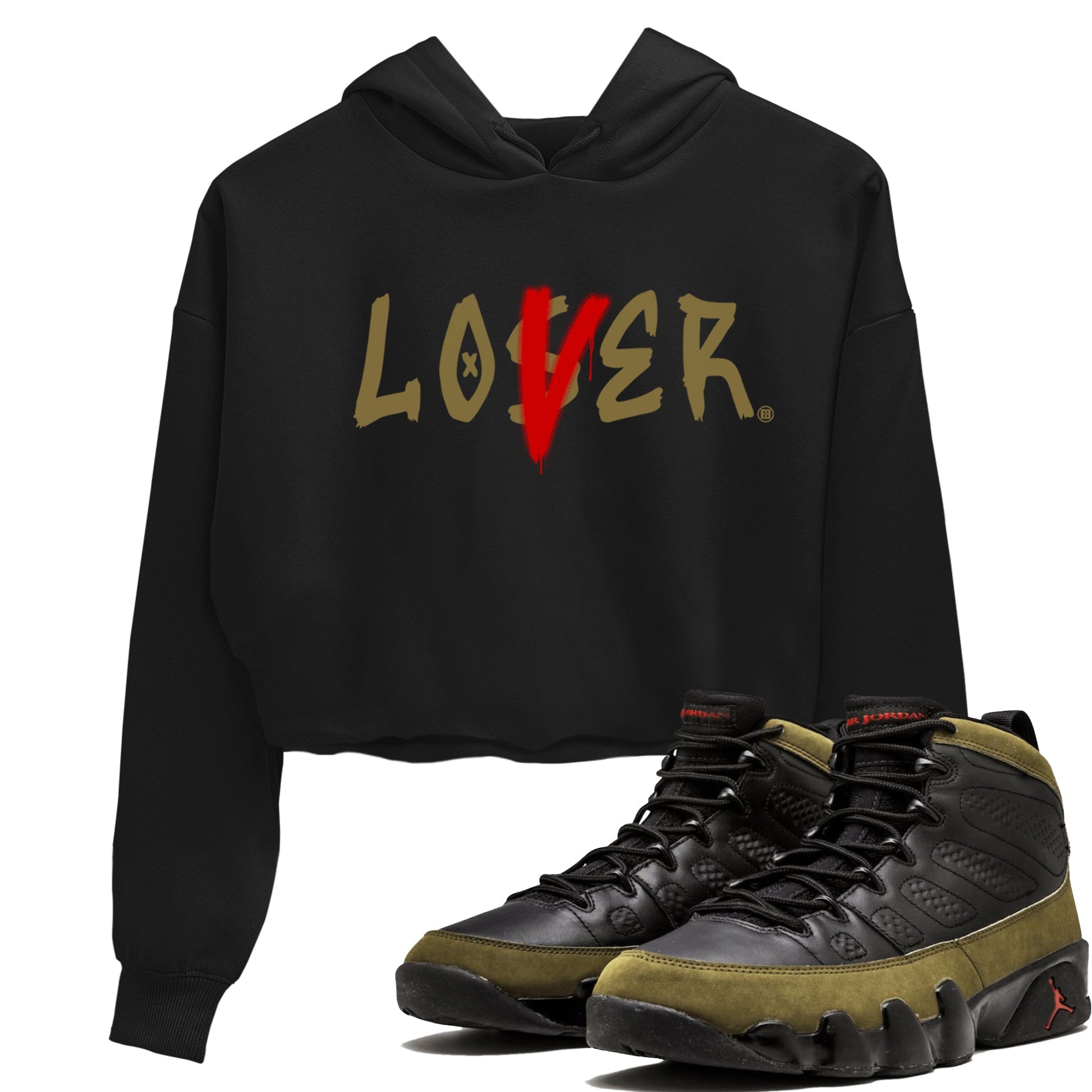 9s Olive shirts to match jordans Loser Lover sneaker match tees Air Jordan 9 Olive match shoes to clothes SNRT Sneaker Tees unisex cotton Black 1 crop tee