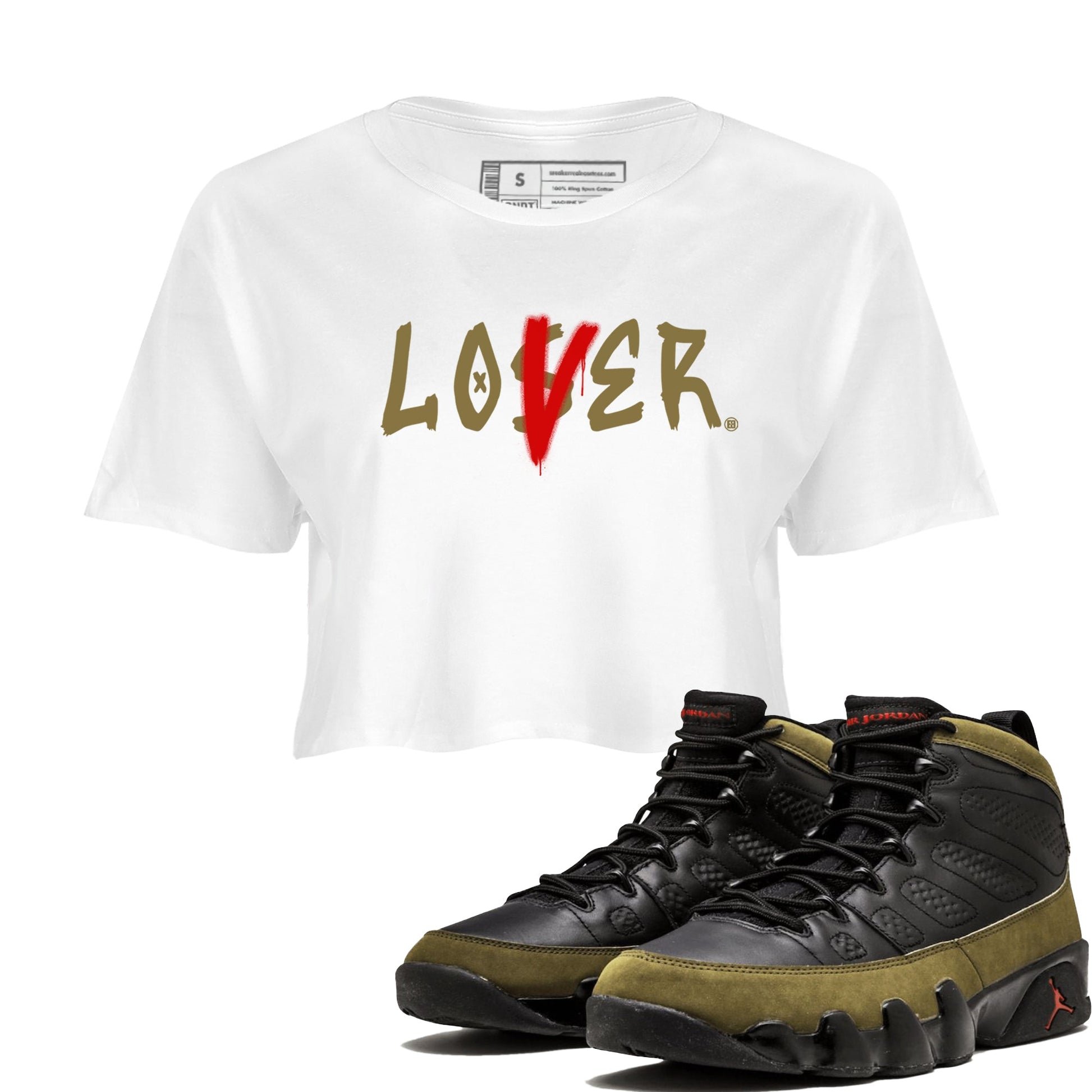 9s Olive shirts to match jordans Loser Lover sneaker match tees Air Jordan 9 Olive match shoes to clothes SNRT Sneaker Tees unisex cotton White 1 crop tee