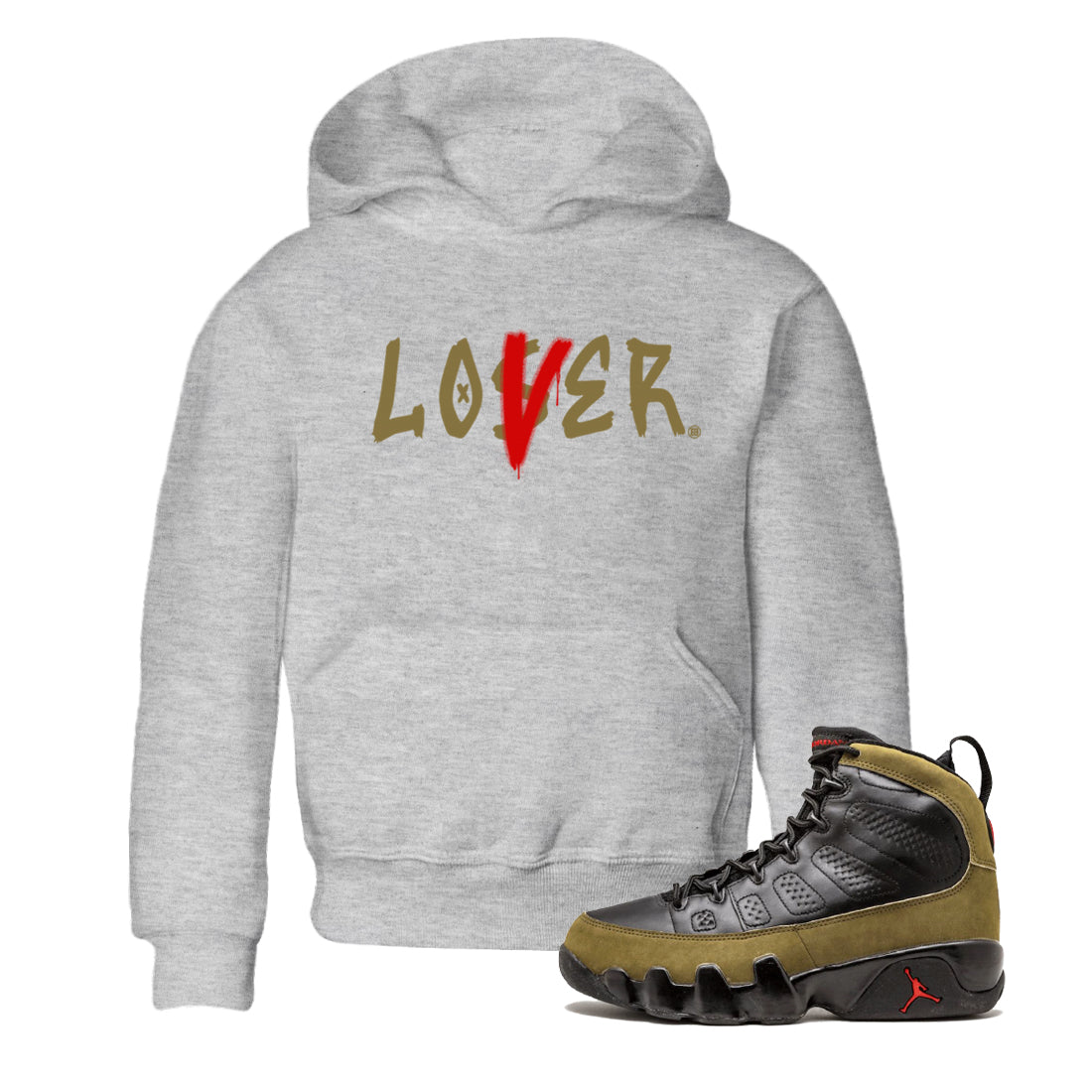 9s Olive shirts to match jordans Loser Lover sneaker match tees Air Jordan 9 Olive match shoes to clothes SNRT Sneaker Tees Youth Baby Heather Grey 1 tee