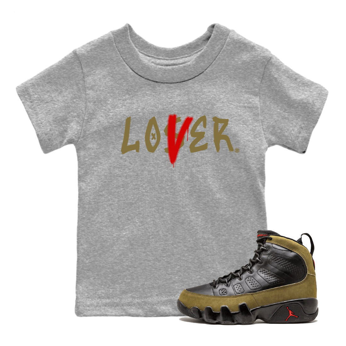 9s Olive shirts to match jordans Loser Lover sneaker match tees Air Jordan 9 Olive match shoes to clothes SNRT Sneaker Tees Youth Baby Heather Grey 1 tee