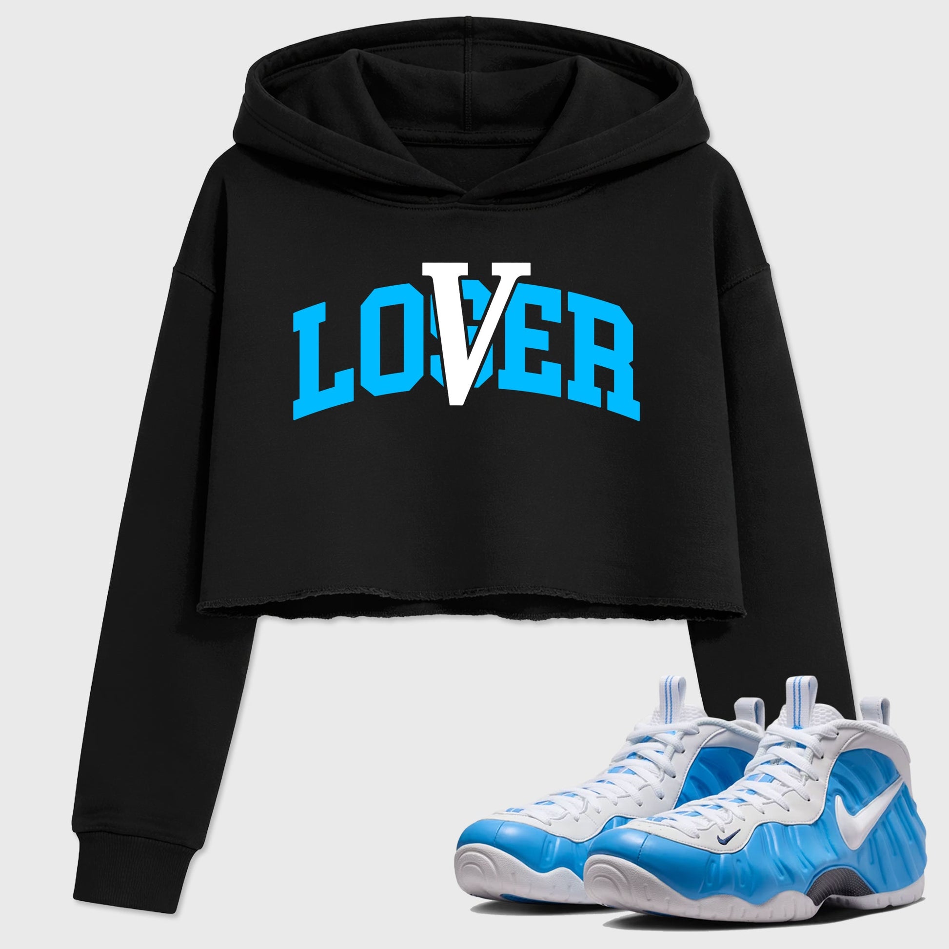 Sneaker match tees – Sneaker Tees To Match Air Foamposite Pro University Blue Shoes – Loser Lover Varsity Crop T-Shirt Black 1