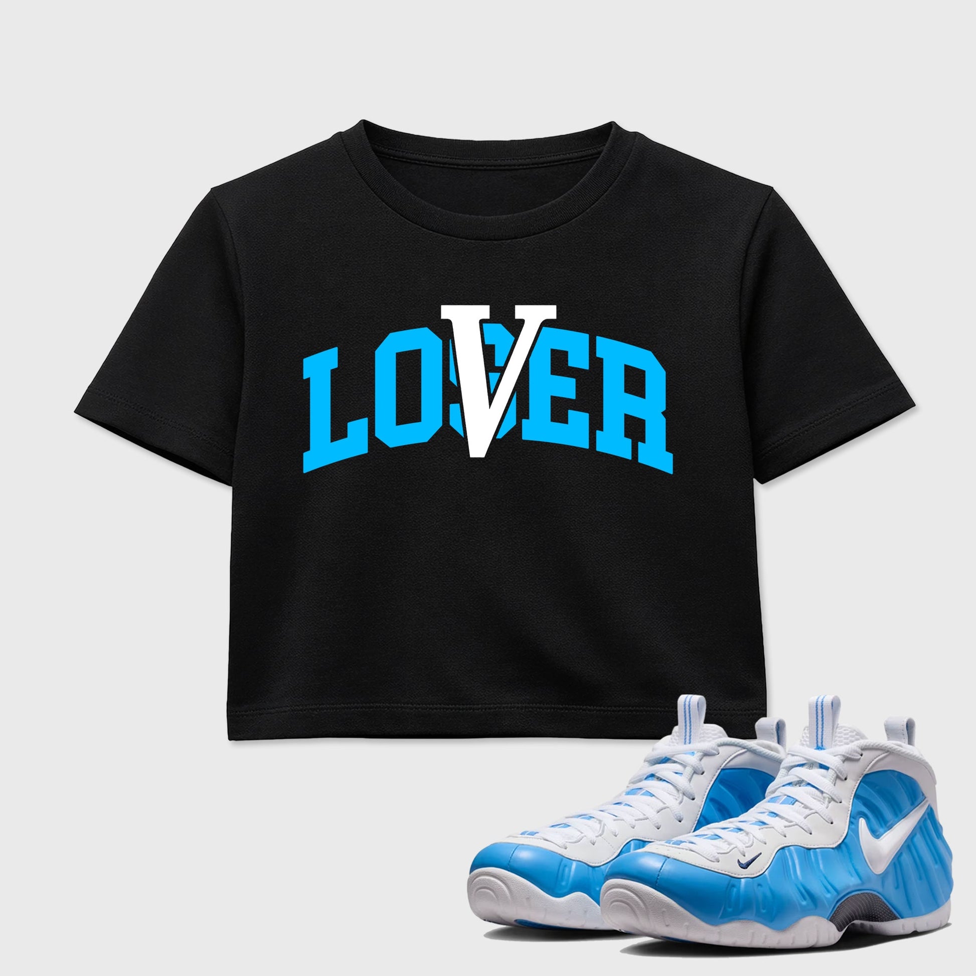 Sneaker match tees – Sneaker Tees To Match Air Foamposite Pro University Blue Shoes – Loser Lover Varsity Crop T-Shirt Black 1
