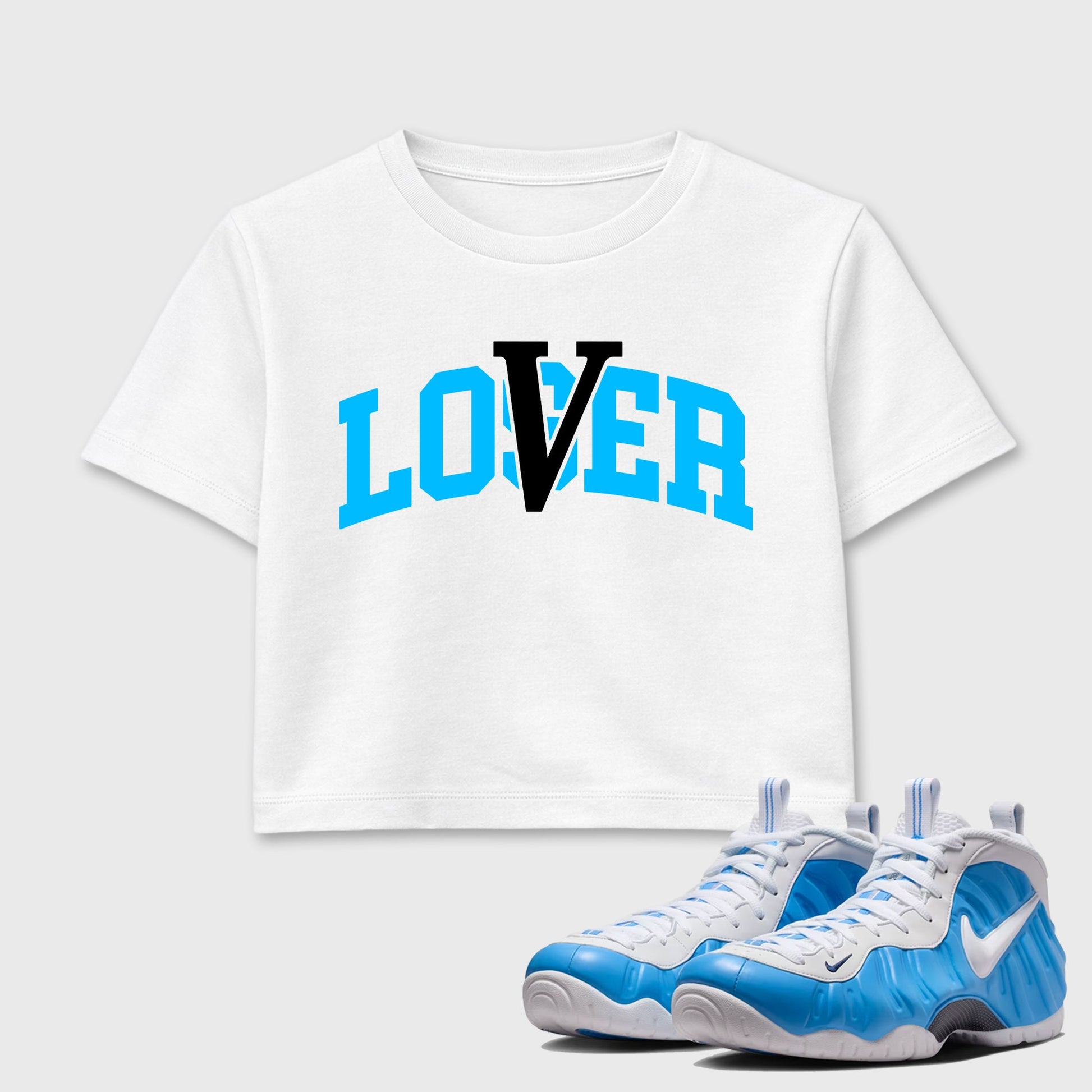 Sneaker match tees – Sneaker Tees To Match Air Foamposite Pro University Blue Shoes – Loser Lover Varsity Crop T-Shirt White 1