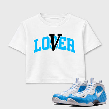 Sneaker match tees – Sneaker Tees To Match Air Foamposite Pro University Blue Shoes – Loser Lover Varsity Crop T-Shirt White 1