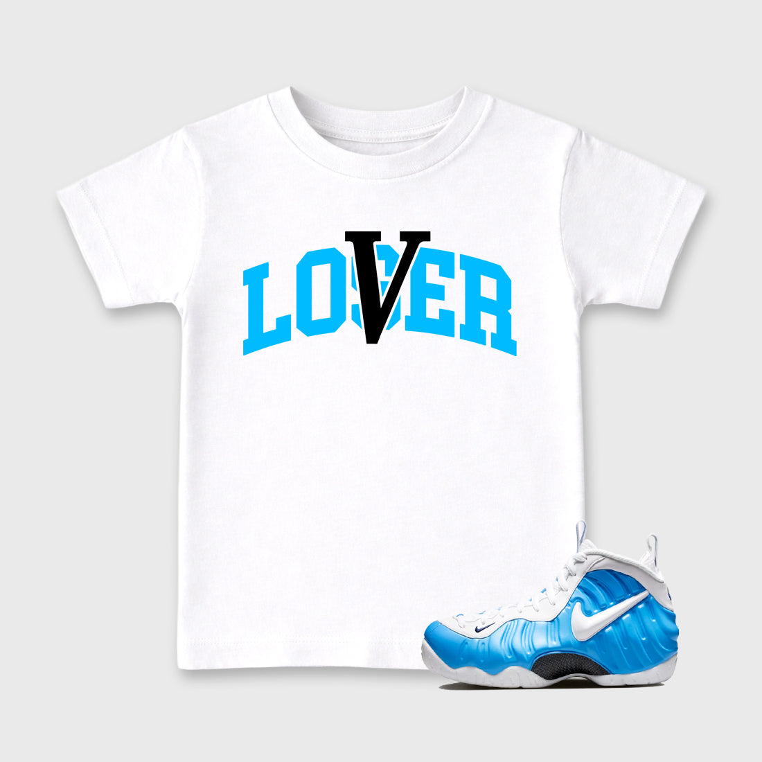 Sneaker match tees – Sneaker Tees To Match Air Foamposite Pro University Blue Shoes – Loser Lover Varsity Kids T-Shirt White 1