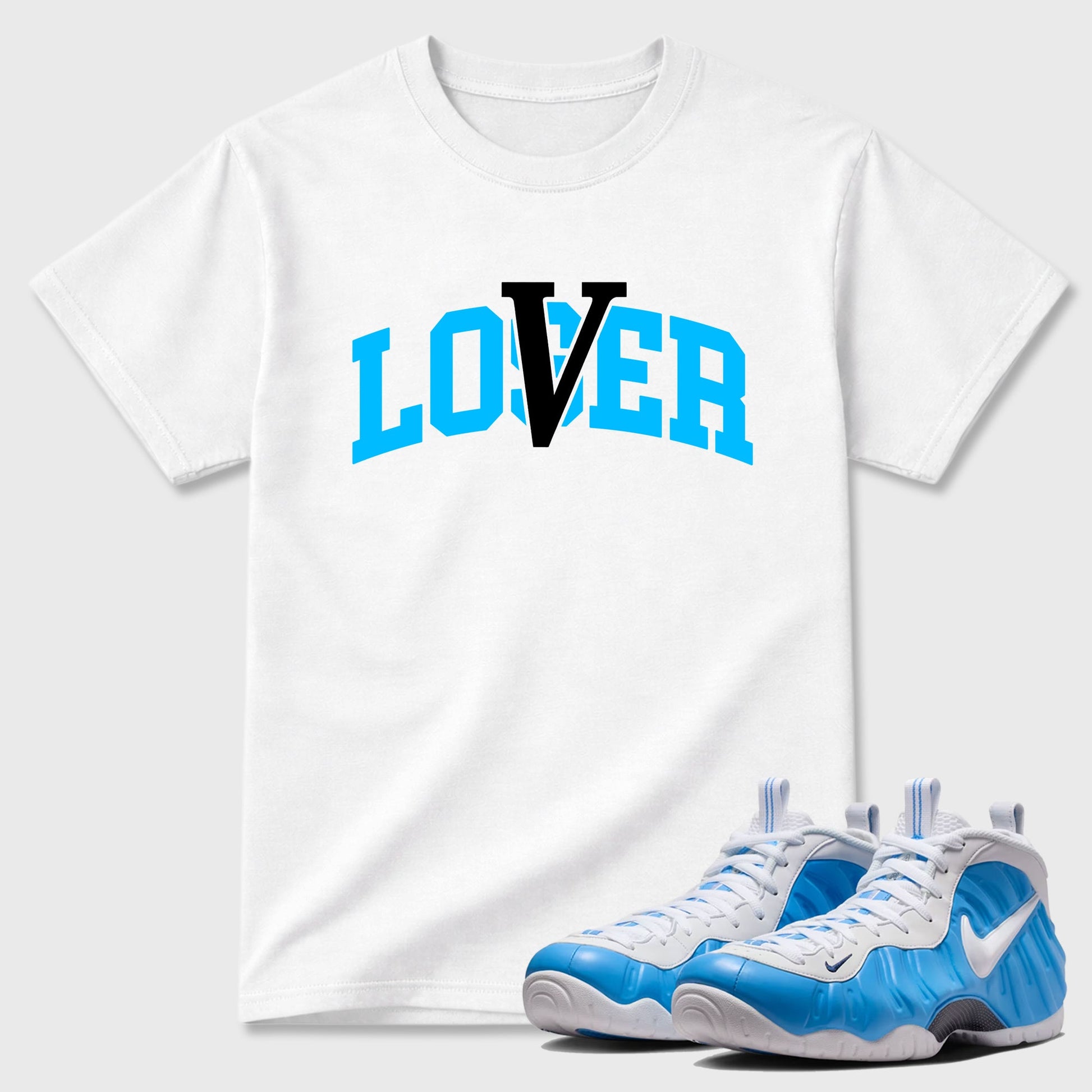 Sneaker match tees – Sneaker Tees To Match Air Foamposite Pro University Blue Shoes – Loser Lover Varsity Tee White 1