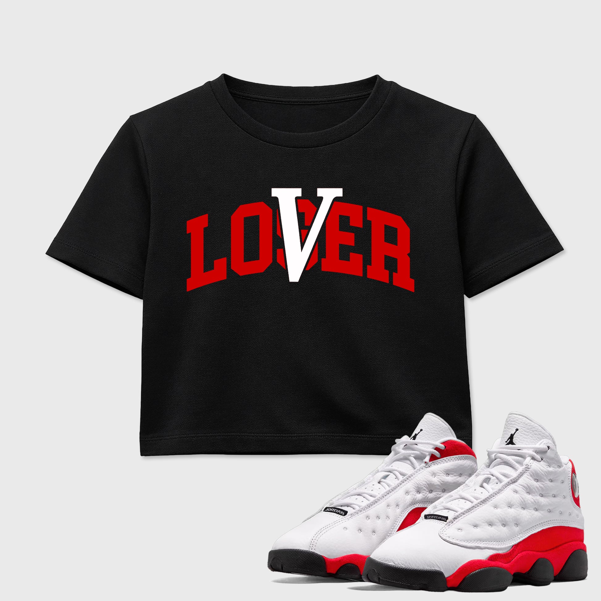 Sneaker match tees – Sneaker Tees To Match Air Jordan 13 University Red Shoes – Loser Lover Varsity Crop T-Shirt Black 1