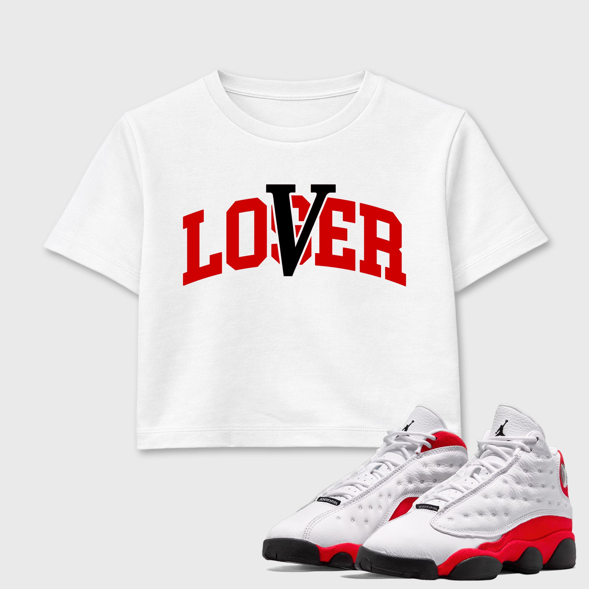 Sneaker match tees – Sneaker Tees To Match Air Jordan 13 University Red Shoes – Loser Lover Varsity Crop T-Shirt White 1