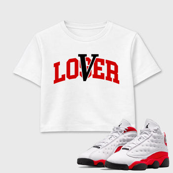 Sneaker match tees – Sneaker Tees To Match Air Jordan 13 University Red Shoes – Loser Lover Varsity Crop T-Shirt White 1