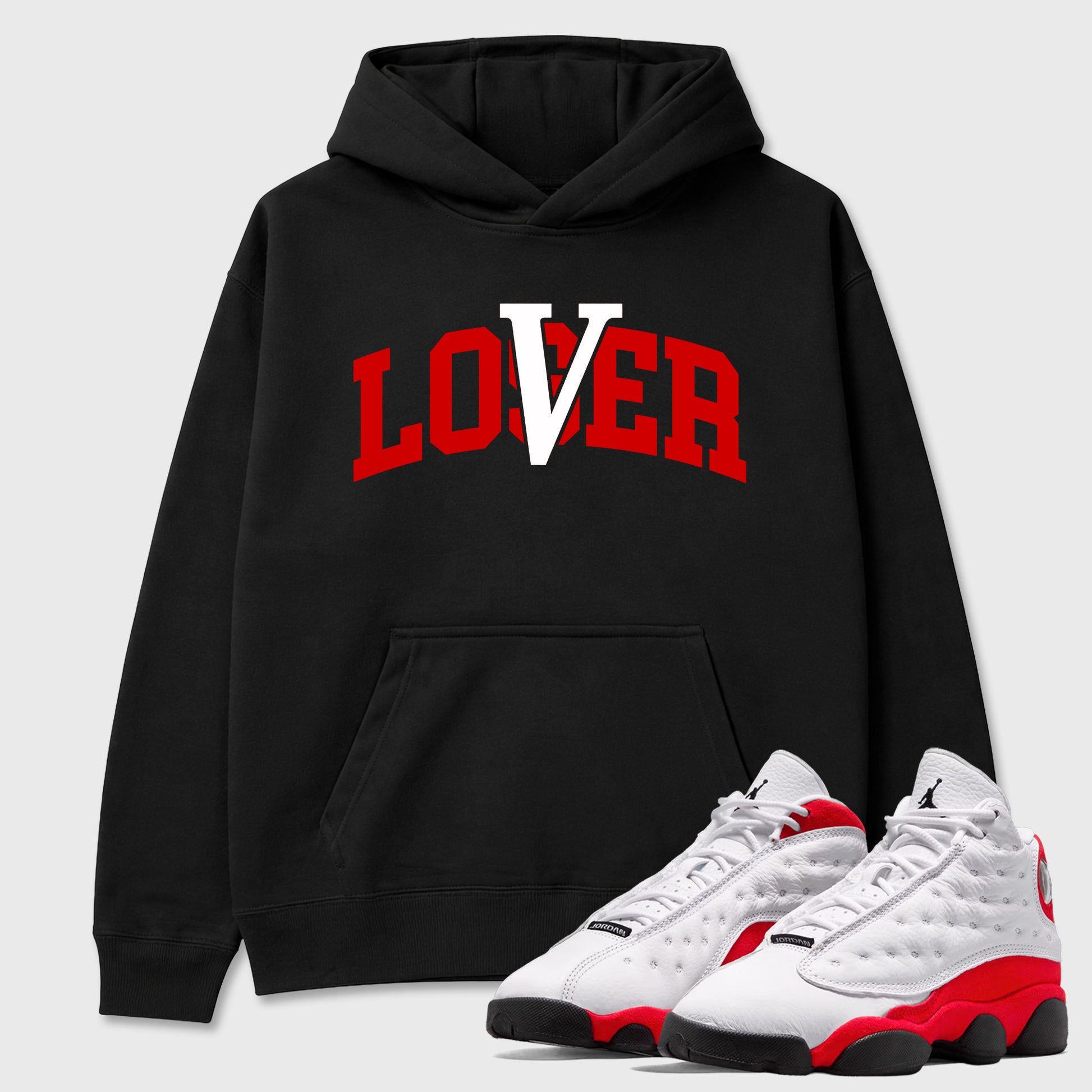 Sneaker match tees – Sneaker Tees To Match Air Jordan 13 University Red Shoes – Loser Lover Varsity Tee Black 1