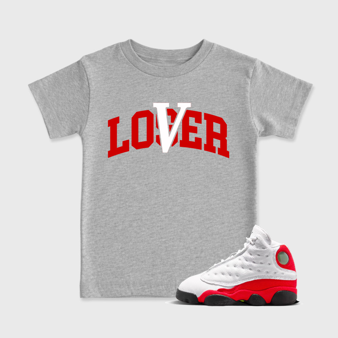 Sneaker match tees – Sneaker Tees To Match Air Jordan 13 University Red Shoes – Loser Lover Varsity Kids T-Shirt Heather Grey 1