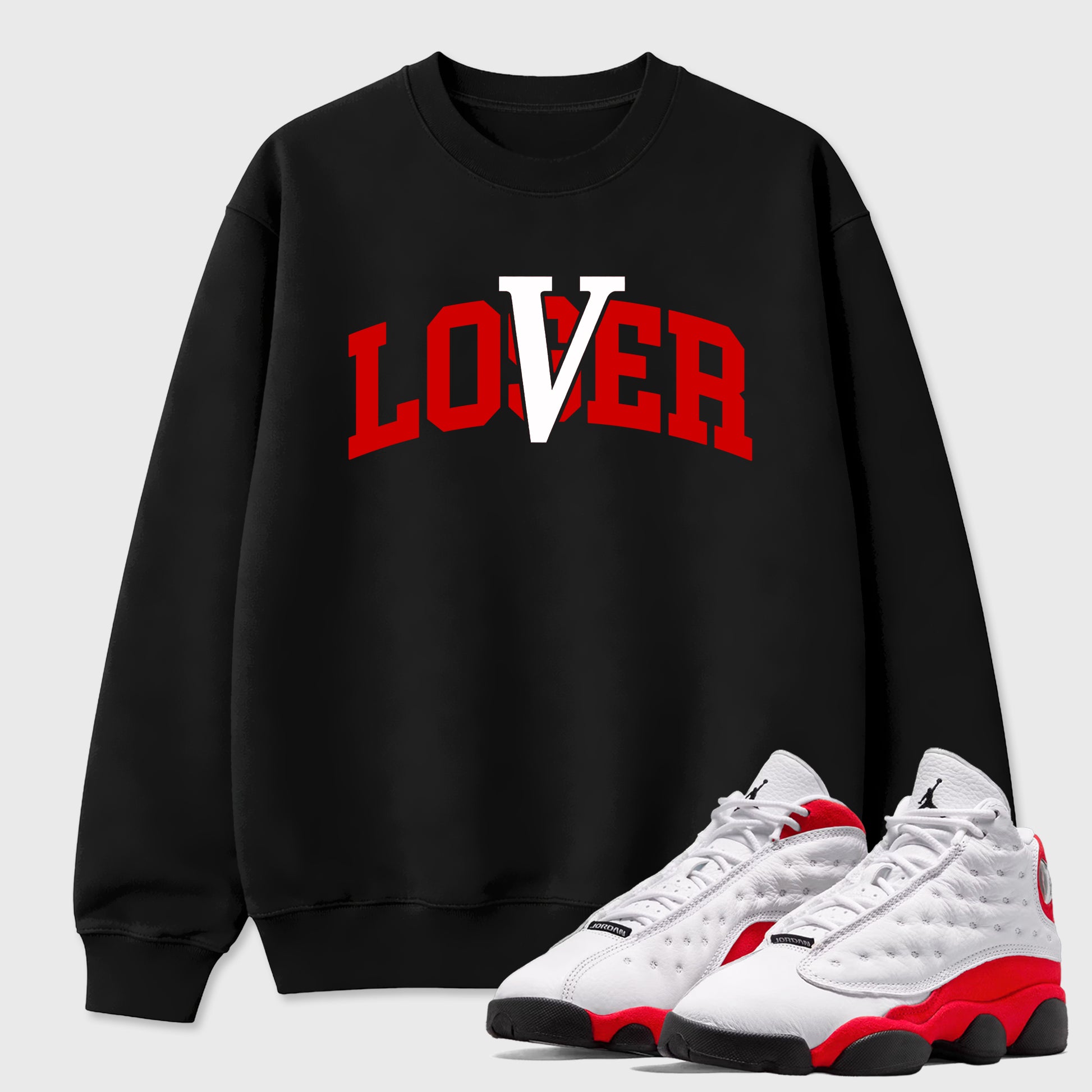 Sneaker match tees – Sneaker Tees To Match Air Jordan 13 University Red Shoes – Loser Lover Varsity Tee Black 1