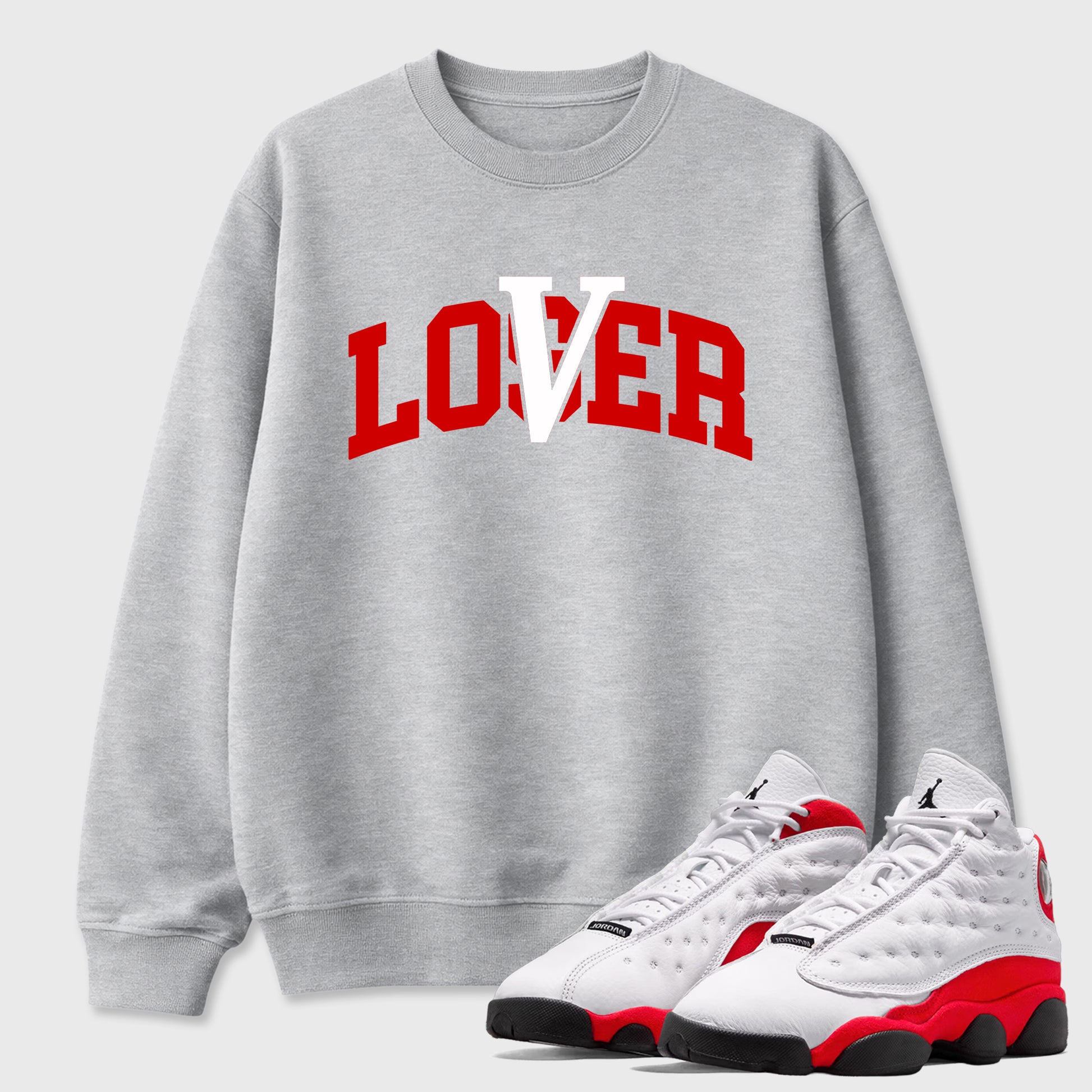 Sneaker match tees – Sneaker Tees To Match Air Jordan 13 University Red Shoes – Loser Lover Varsity Tee Heather Grey 1