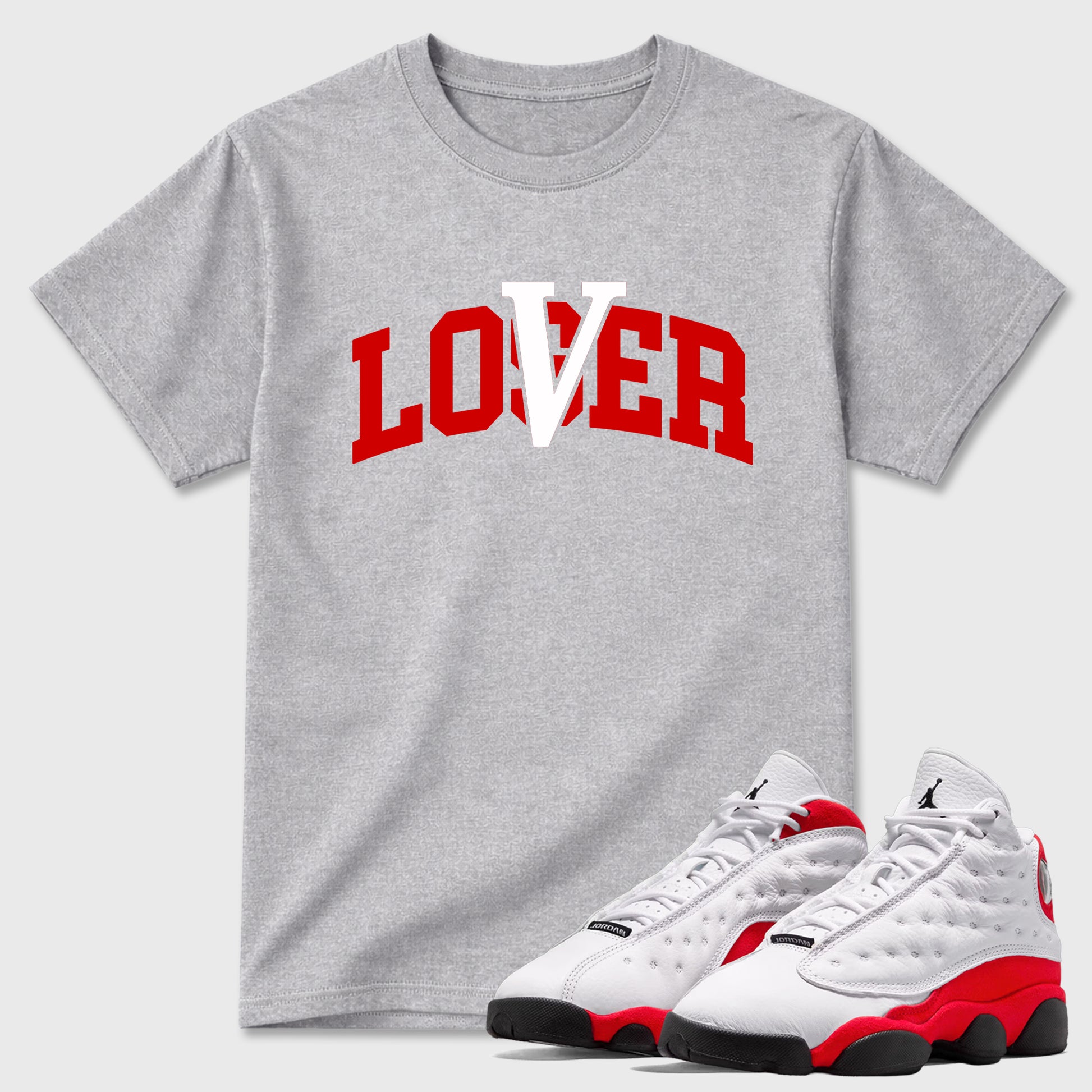 Sneaker match tees – Sneaker Tees To Match Air Jordan 13 University Red Shoes – Loser Lover Varsity Tee Heather Grey 1