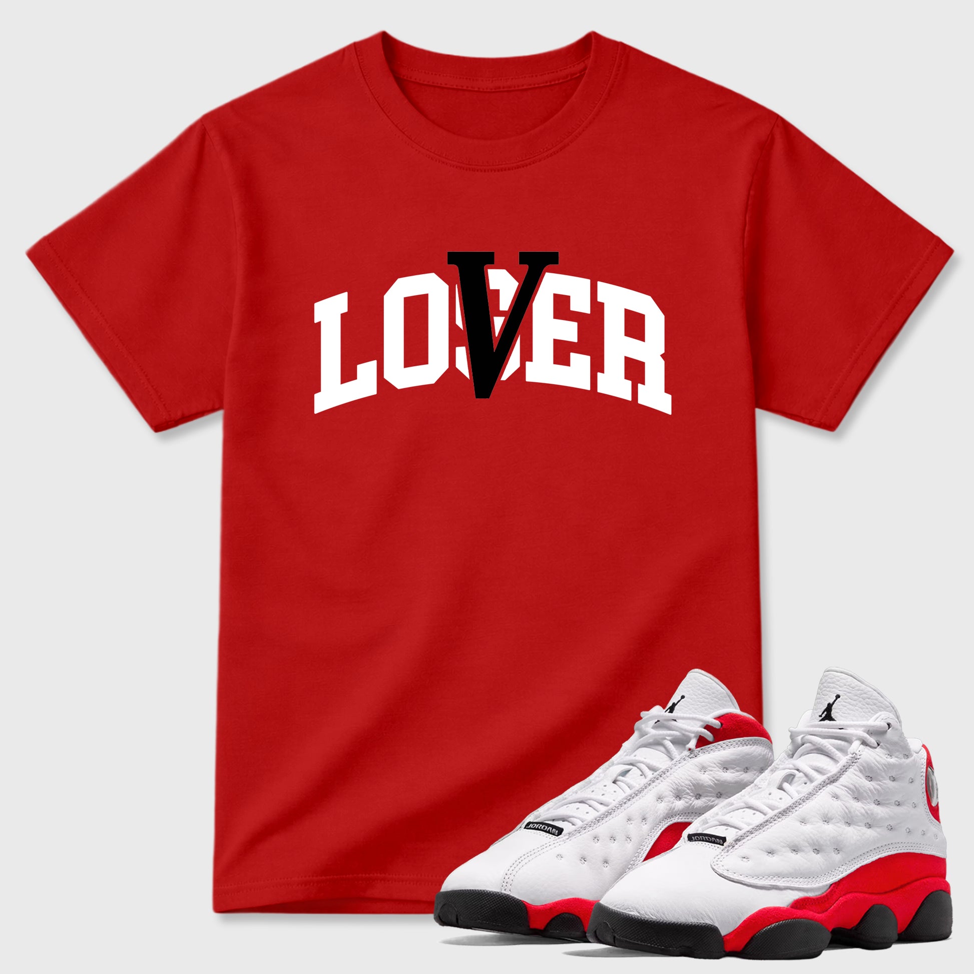 Sneaker match tees – Sneaker Tees To Match Air Jordan 13 University Red Shoes – Loser Lover Varsity Tee Red 1