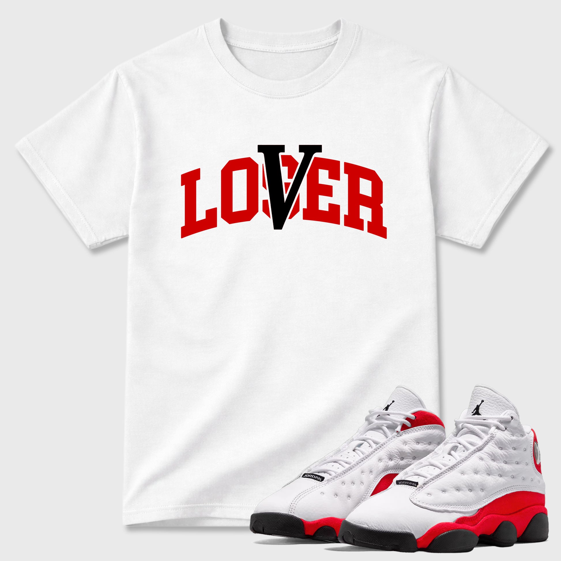 Sneaker match tees – Sneaker Tees To Match Air Jordan 13 University Red Shoes – Loser Lover Varsity Tee White 1
