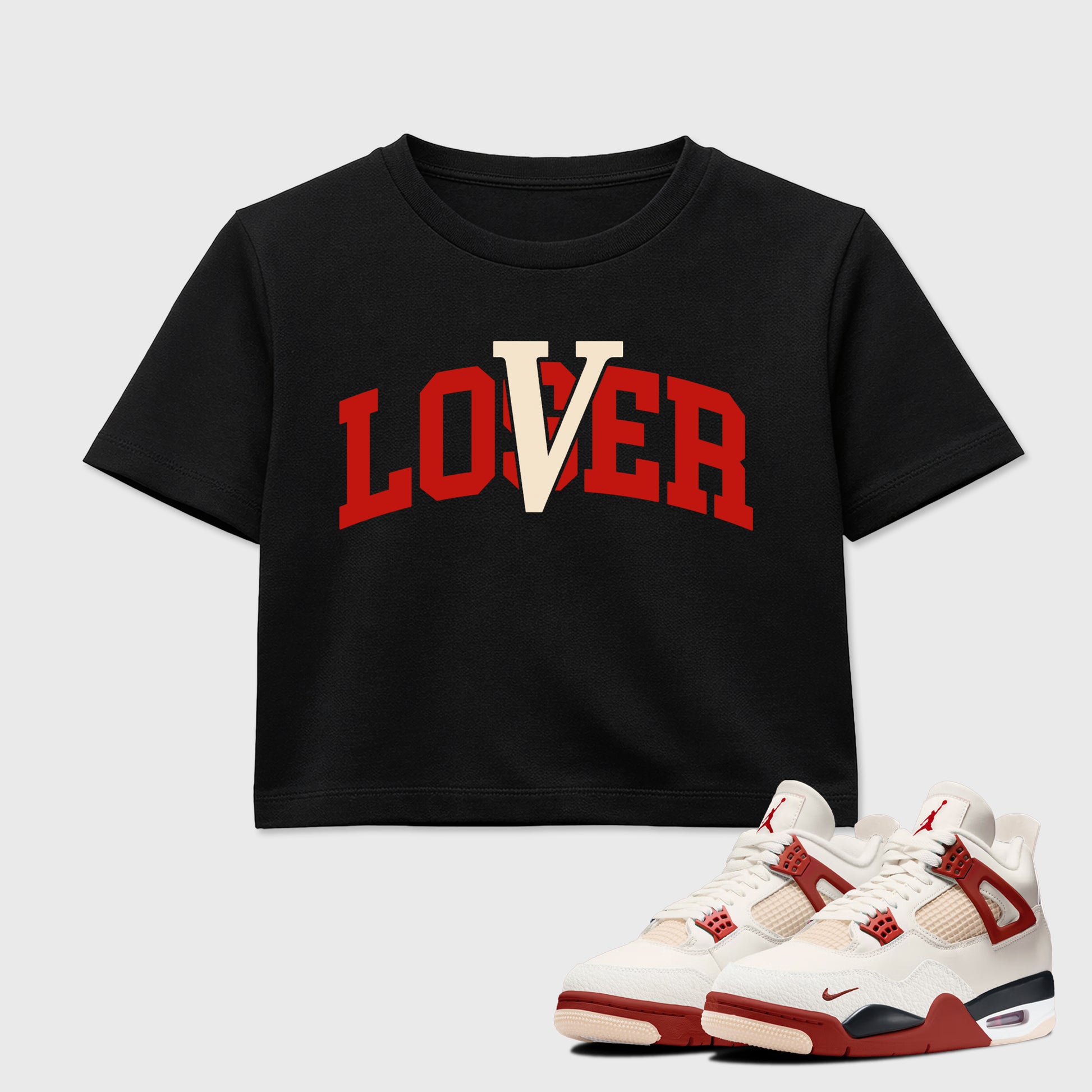 Sneaker match tees – Sneaker Tees To Match Air Jordan 4 Brick After Brick Shoes – Loser Lover Varsity Crop T-Shirt Black 1