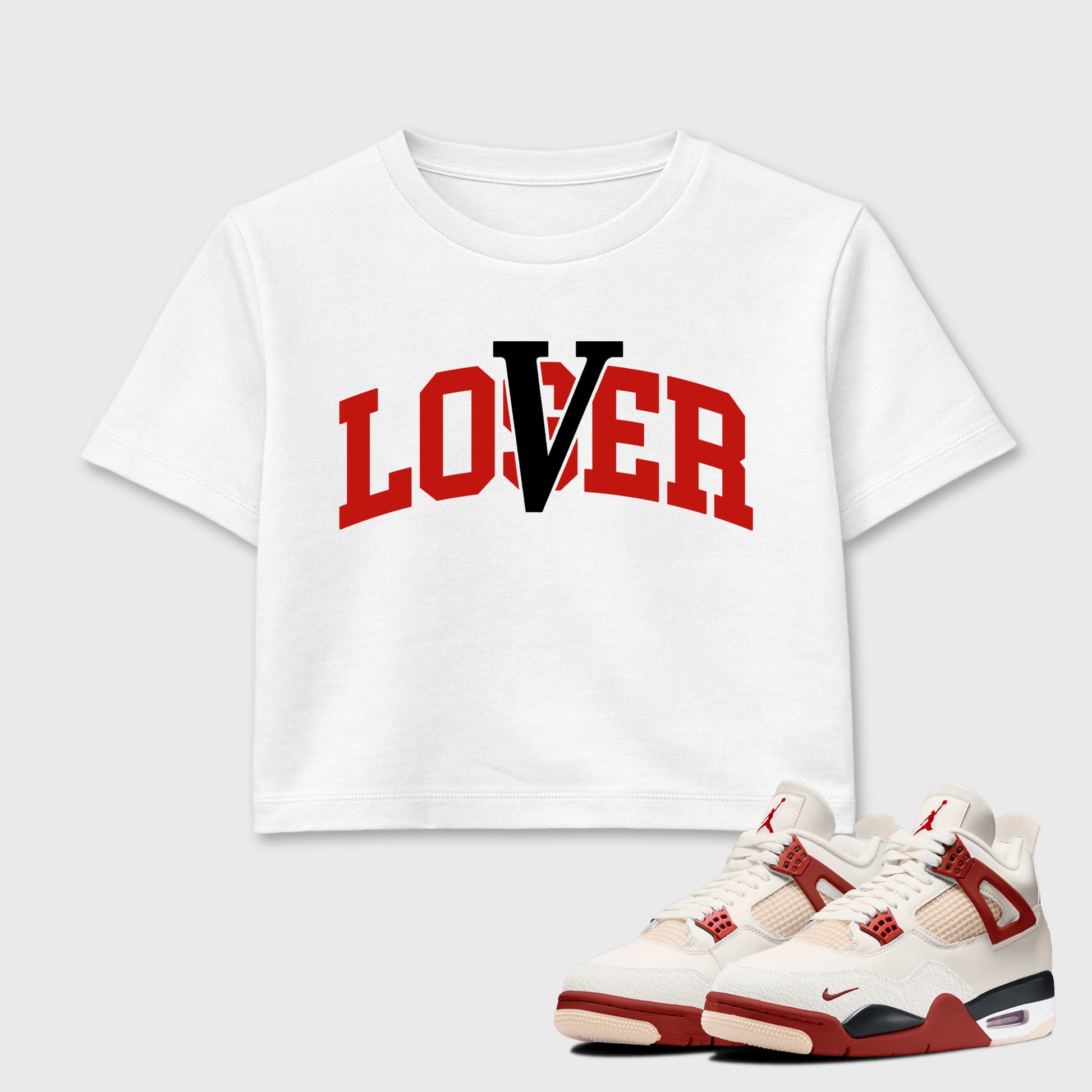 Sneaker match tees – Sneaker Tees To Match Air Jordan 4 Brick After Brick Shoes – Loser Lover Varsity Crop T-Shirt White 1