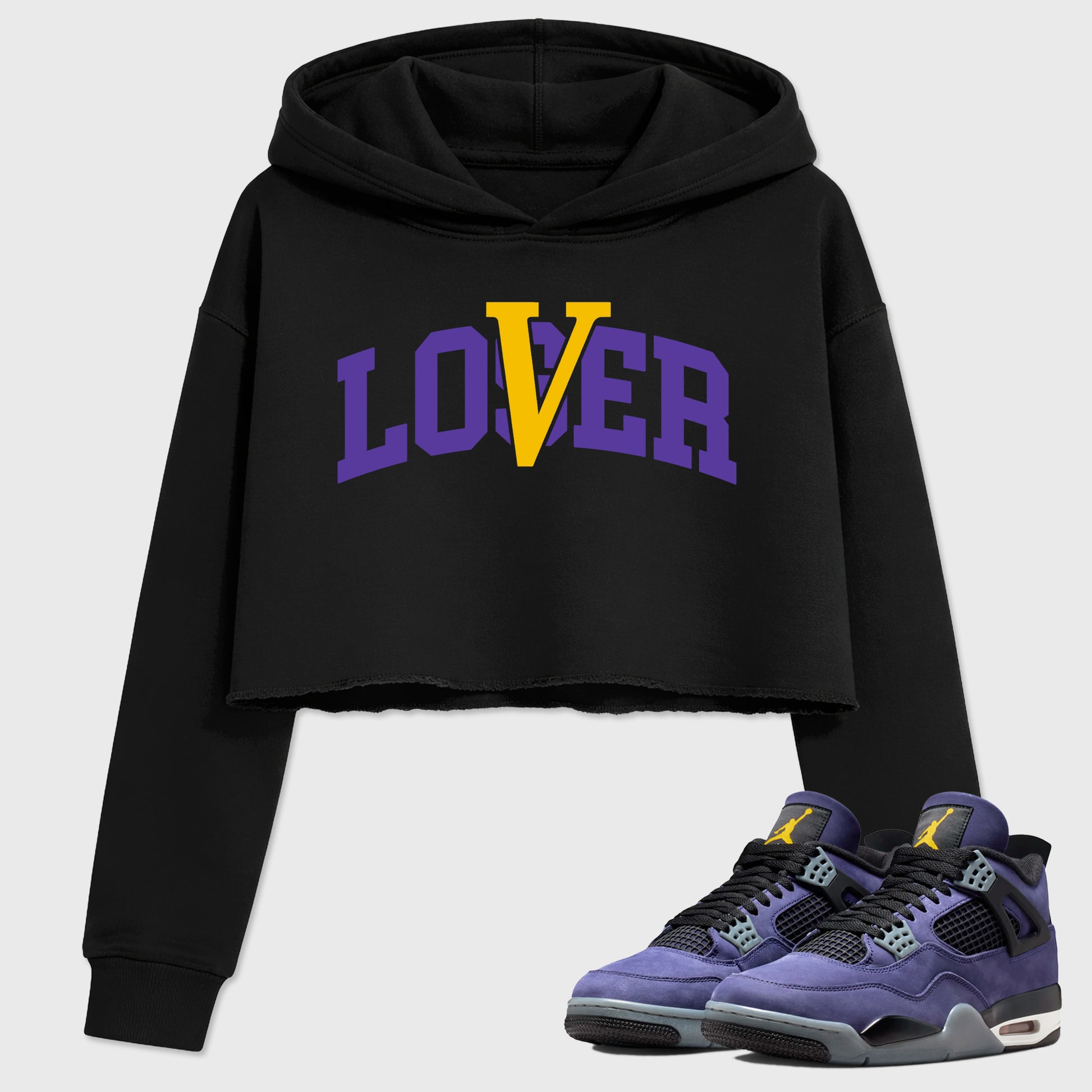 Sneakerfit graphic tee destination – Sneaker Tees To Match Air Jordan 4 Lakeshow Sneakers – Loser Lover Varsity Crop T-Shirt Black 1