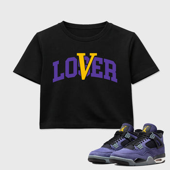 Sneakerfit graphic tee destination – Sneaker Tees To Match Air Jordan 4 Lakeshow Sneakers – Loser Lover Varsity Crop T-Shirt Black 1