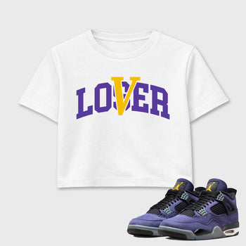 Sneakerfit graphic tee destination – Sneaker Tees To Match Air Jordan 4 Lakeshow Sneakers – Loser Lover Varsity Crop T-Shirt White 1