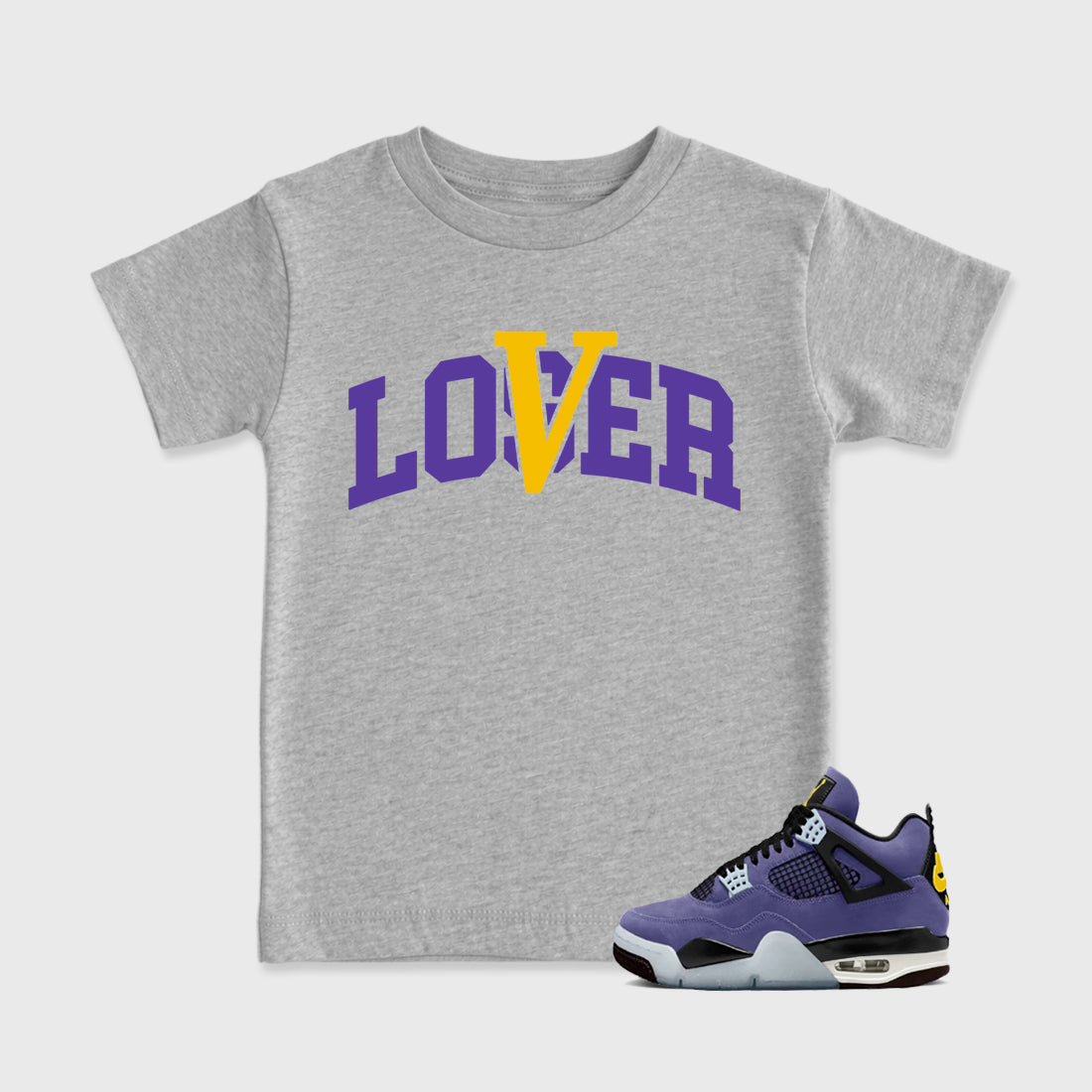Sneakerfit graphic tee destination – Sneaker Tees To Match Air Jordan 4 Lakeshow Sneakers – Loser Lover Varsity Kids T-Shirt Heather Grey 1