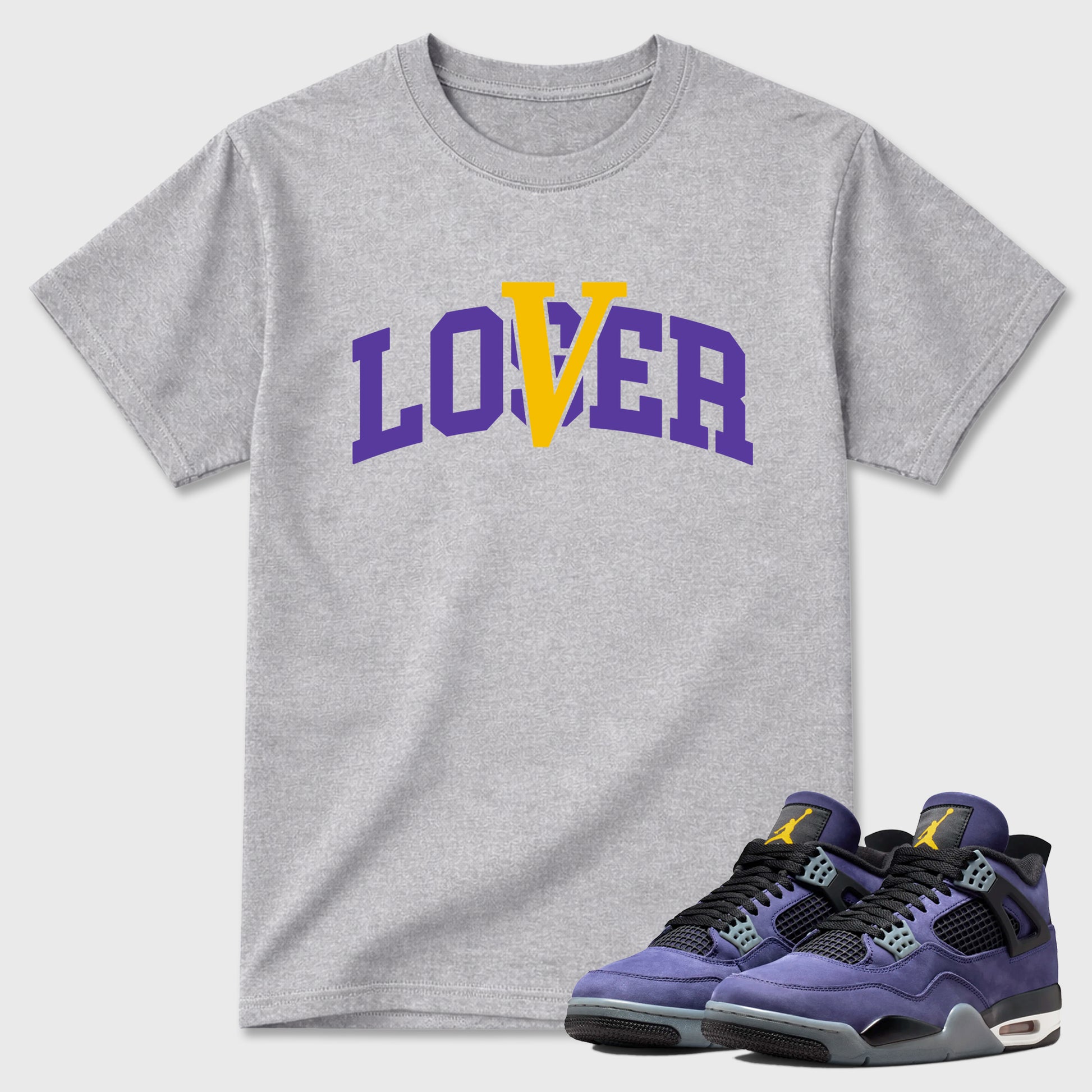 Sneakerfit graphic tee destination – Sneaker Tees To Match Air Jordan 4 Lakeshow Sneakers – Loser Lover Varsity Tee Heather Grey 1