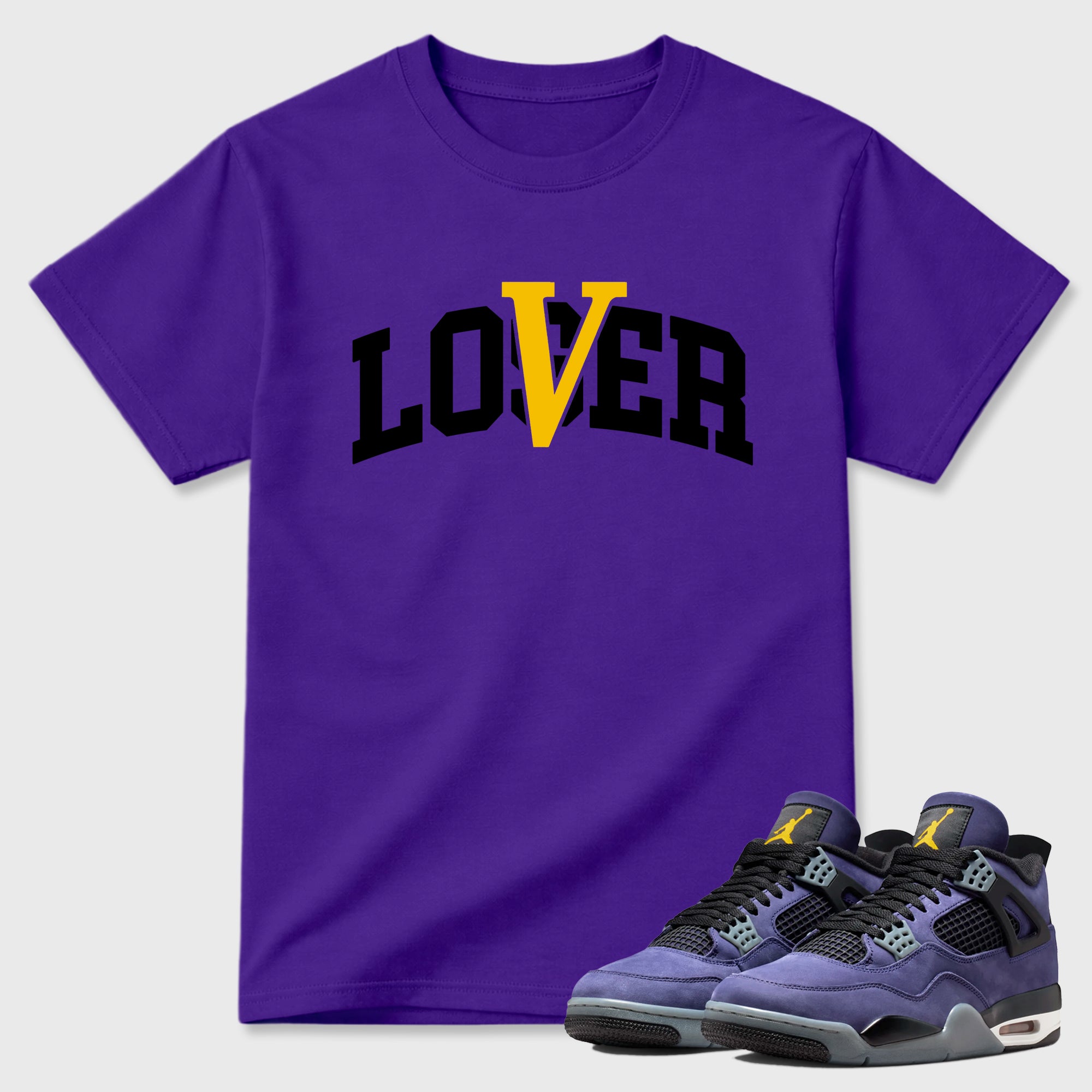 Sneakerfit graphic tee destination – Sneaker Tees To Match Air Jordan 4 Lakeshow Sneakers – Loser Lover Varsity Tee Purple 1