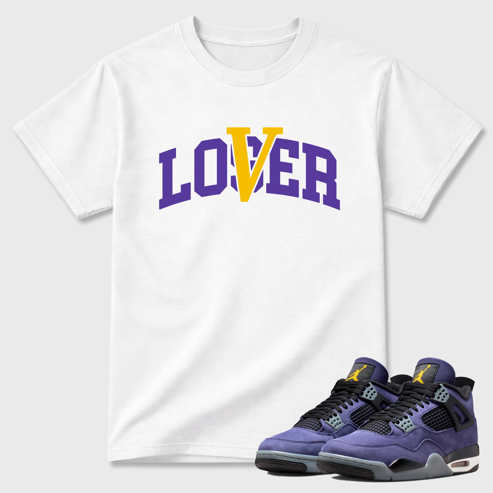 Sneakerfit graphic tee destination – Sneaker Tees To Match Air Jordan 4 Lakeshow Sneakers – Loser Lover Varsity Tee White 1