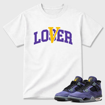 Sneakerfit graphic tee destination – Sneaker Tees To Match Air Jordan 4 Lakeshow Sneakers – Loser Lover Varsity Tee White 1