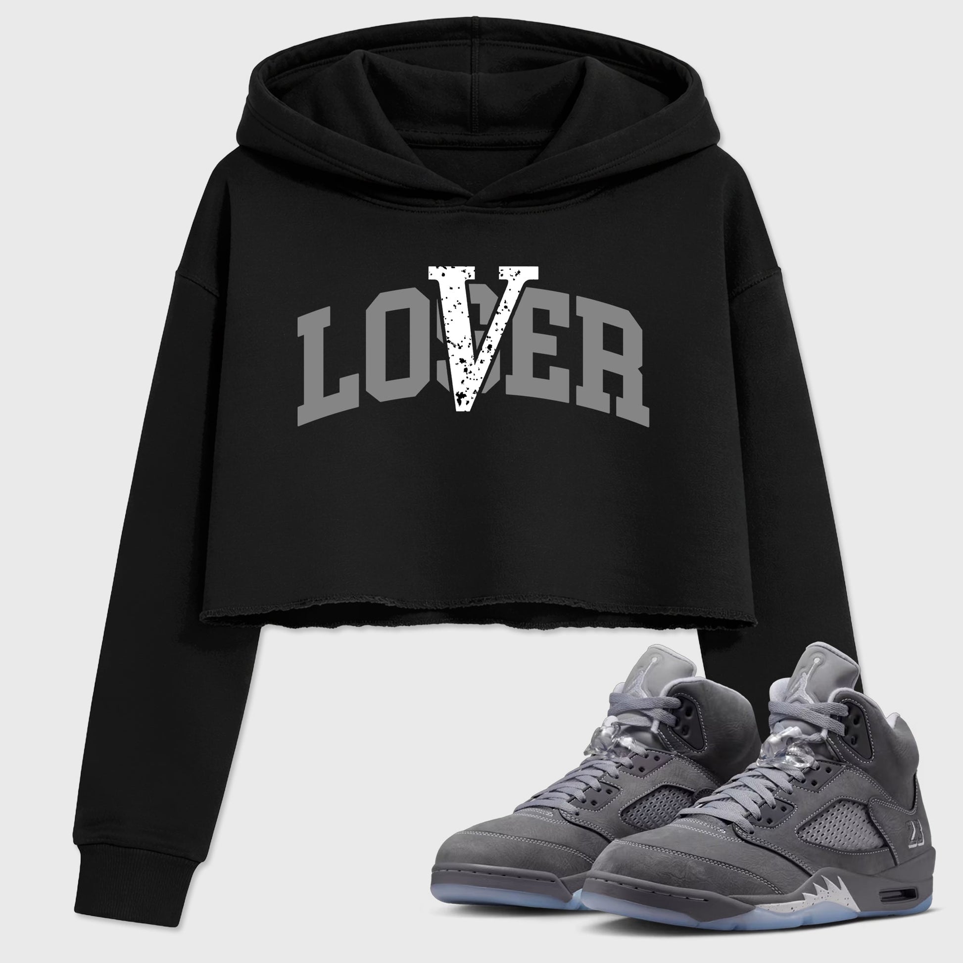 Sneaker match tees – Sneaker Tees To Match Air Jordan 5 Wolf Grey Shoes – Loser Lover Varsity Crop T-Shirt Black 1