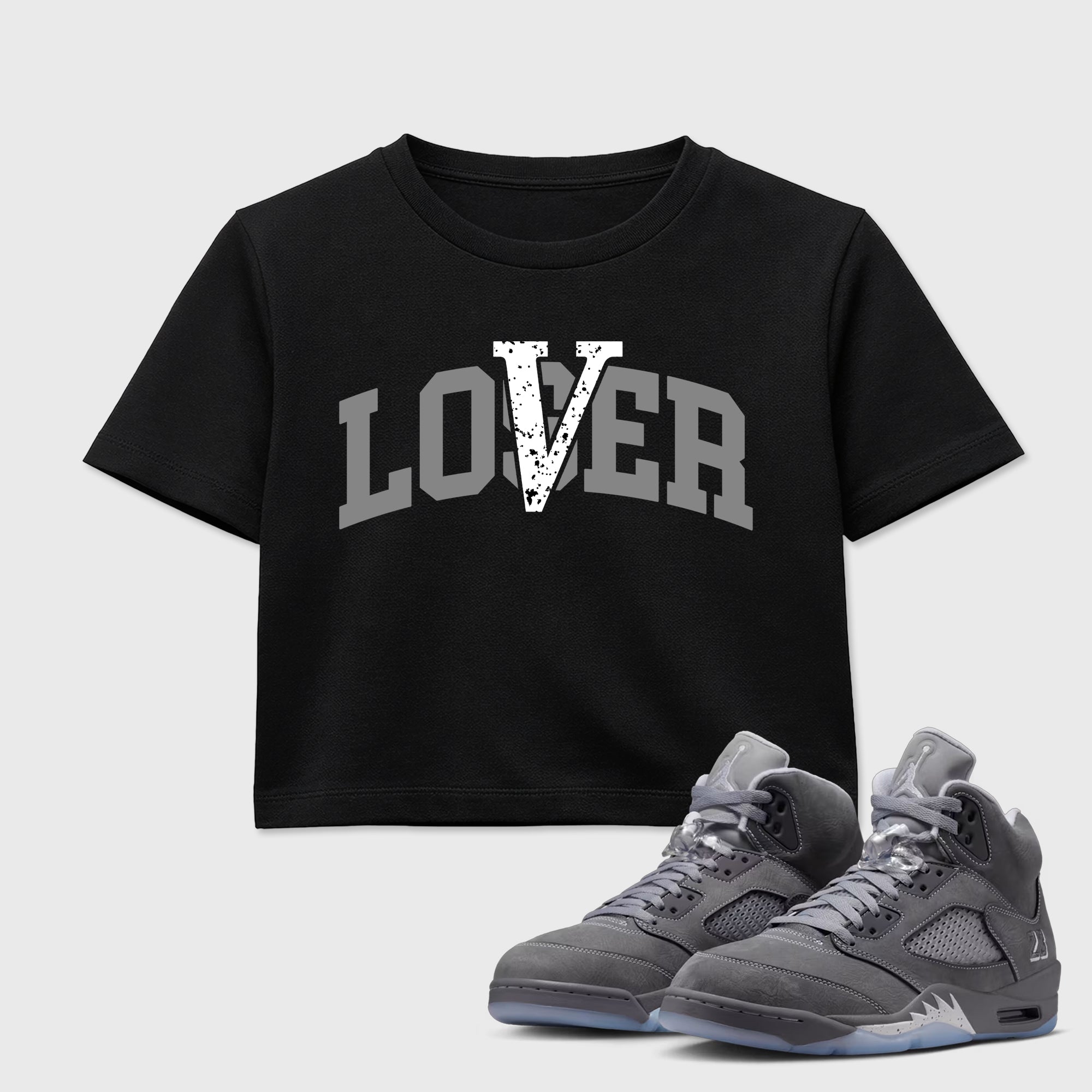 Sneaker match tees – Sneaker Tees To Match Air Jordan 5 Wolf Grey Shoes – Loser Lover Varsity Crop T-Shirt Black 1