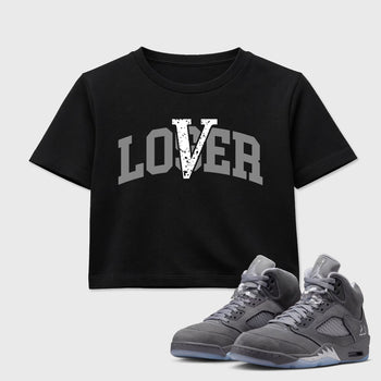 Sneaker match tees – Sneaker Tees To Match Air Jordan 5 Wolf Grey Shoes – Loser Lover Varsity Crop T-Shirt Black 1