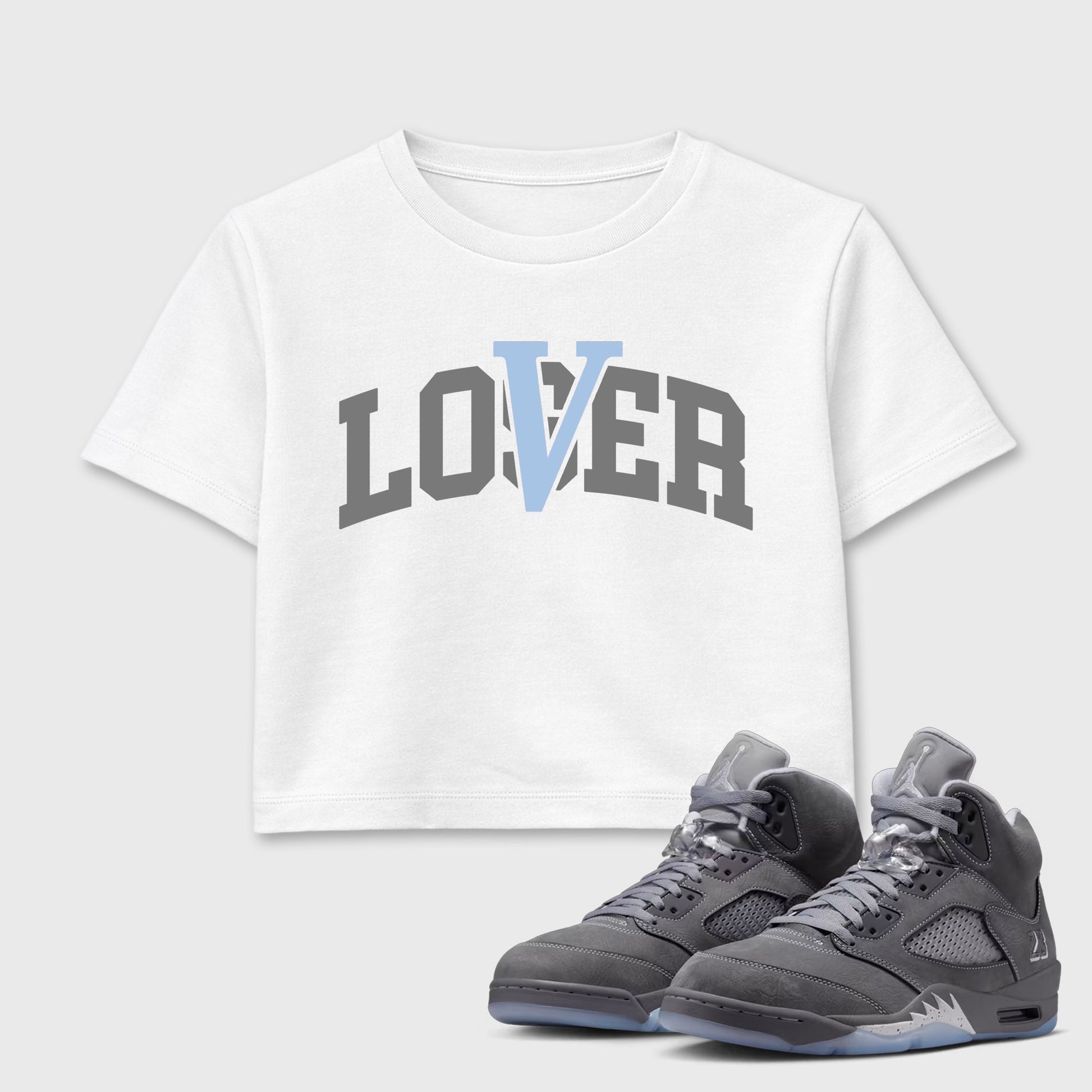 Sneaker match tees – Sneaker Tees To Match Air Jordan 5 Wolf Grey Shoes – Loser Lover Varsity Crop T-Shirt White 1