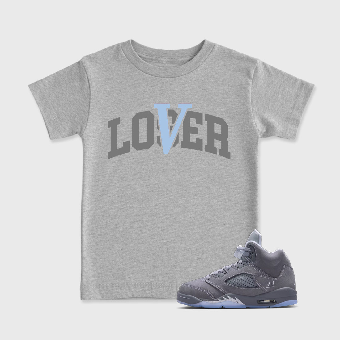 Sneaker match tees – Sneaker Tees To Match Air Jordan 5 Wolf Grey Shoes – Loser Lover Varsity Kids T-Shirt Heather Grey 1