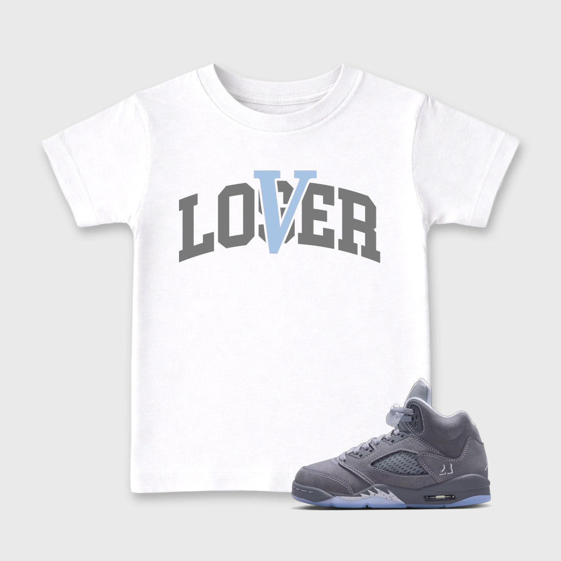 Sneaker match tees – Sneaker Tees To Match Air Jordan 5 Wolf Grey Shoes – Loser Lover Varsity Kids T-Shirt White 1