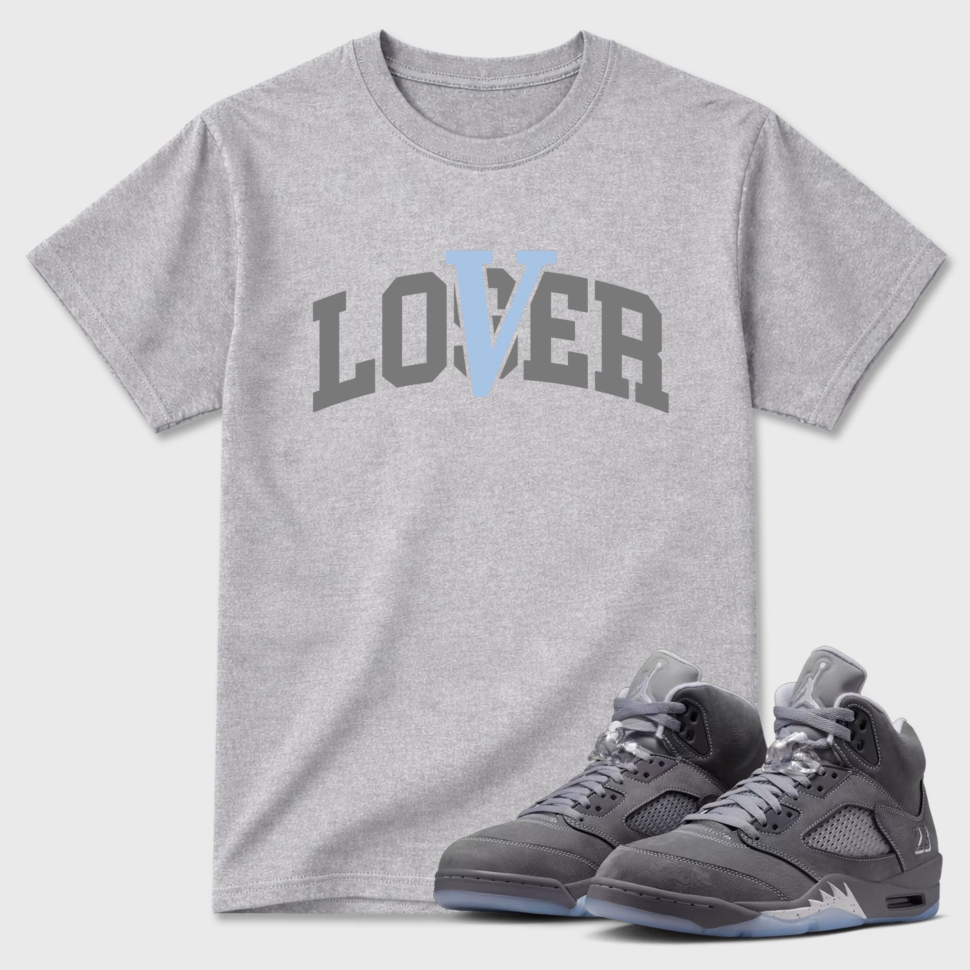 Sneaker match tees – Sneaker Tees To Match Air Jordan 5 Wolf Grey Shoes – Loser Lover Varsity Tee Heather Grey 1