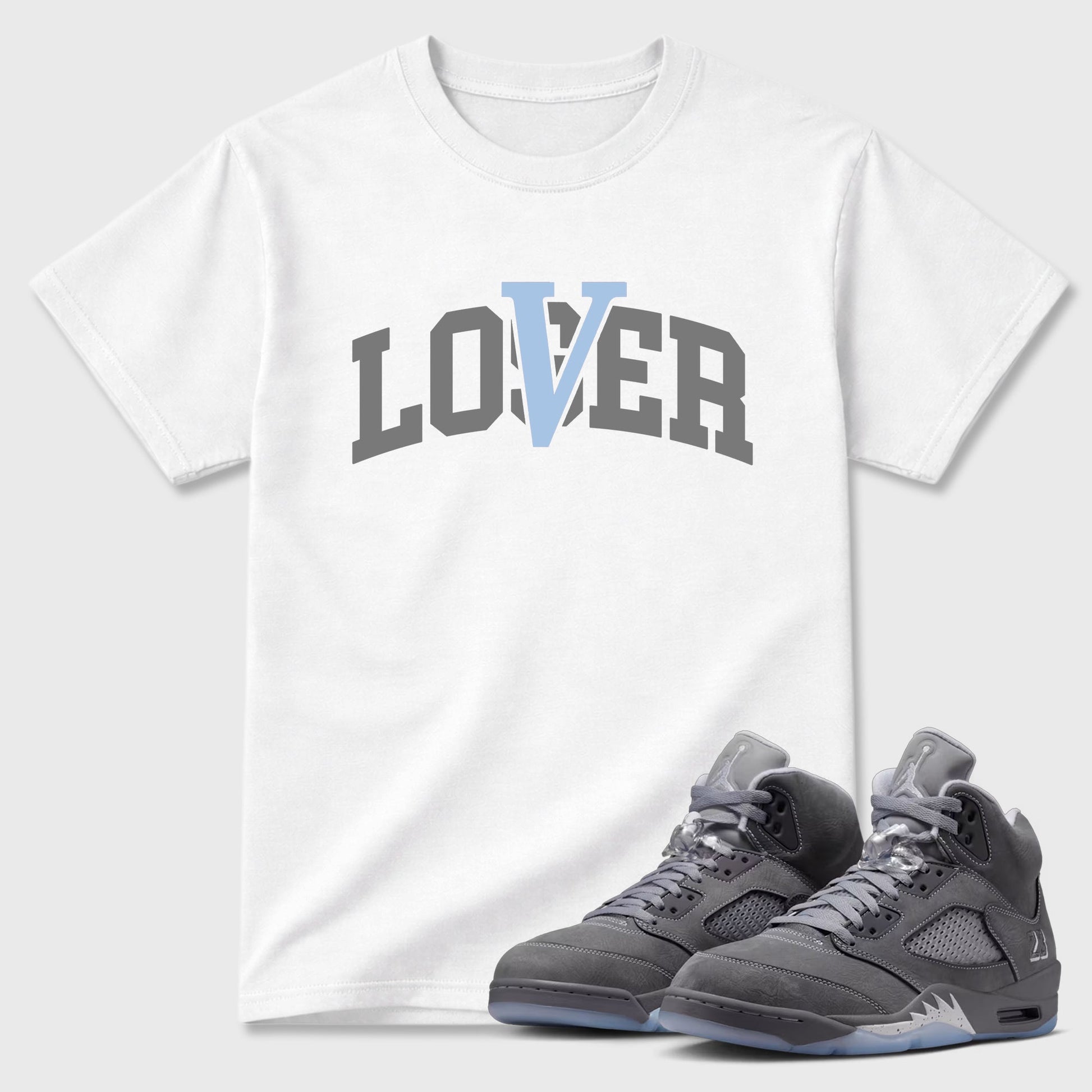 Sneaker match tees – Sneaker Tees To Match Air Jordan 5 Wolf Grey Shoes – Loser Lover Varsity Tee White 1
